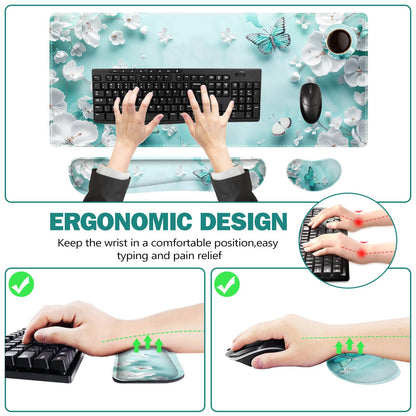 ToLuLu Large Mouse Pad Desk Pad Set, Wrist Rest Support Desk Mat for Keyboard and Mouse, 4PCS 35.4”x15.7 XXL Giant Mouse Pad, Non-Slip Base Stitched Edges Mousepad for Home Office, Teal Butterfly