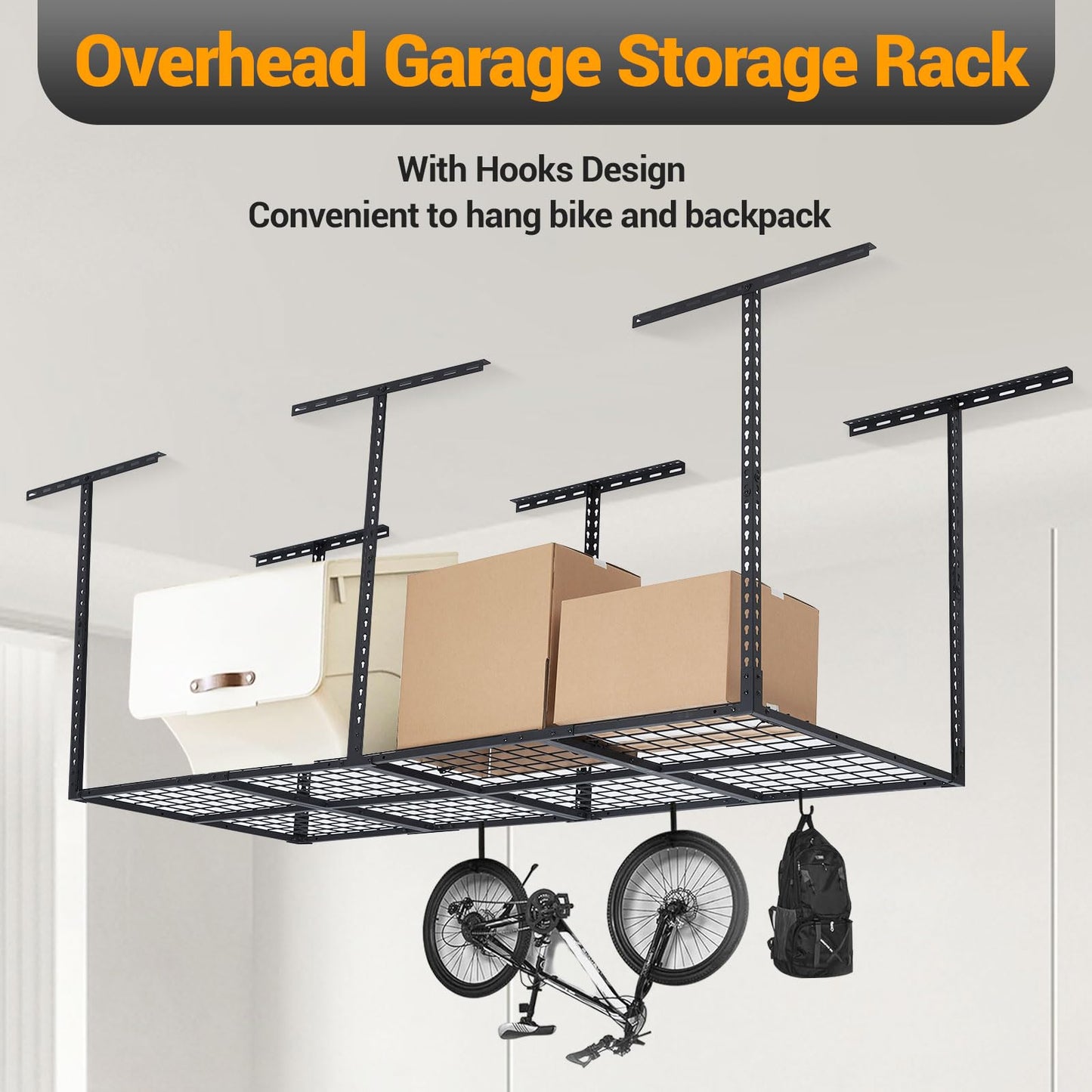 SierraSquad 3x8FT Overhead Garage Storage Rack, 22"-40" Height Adjustable Garage Ceiling Storage Racks, 750LBS Weight Capacity, Heavy Duty Metal Overhead Organization System