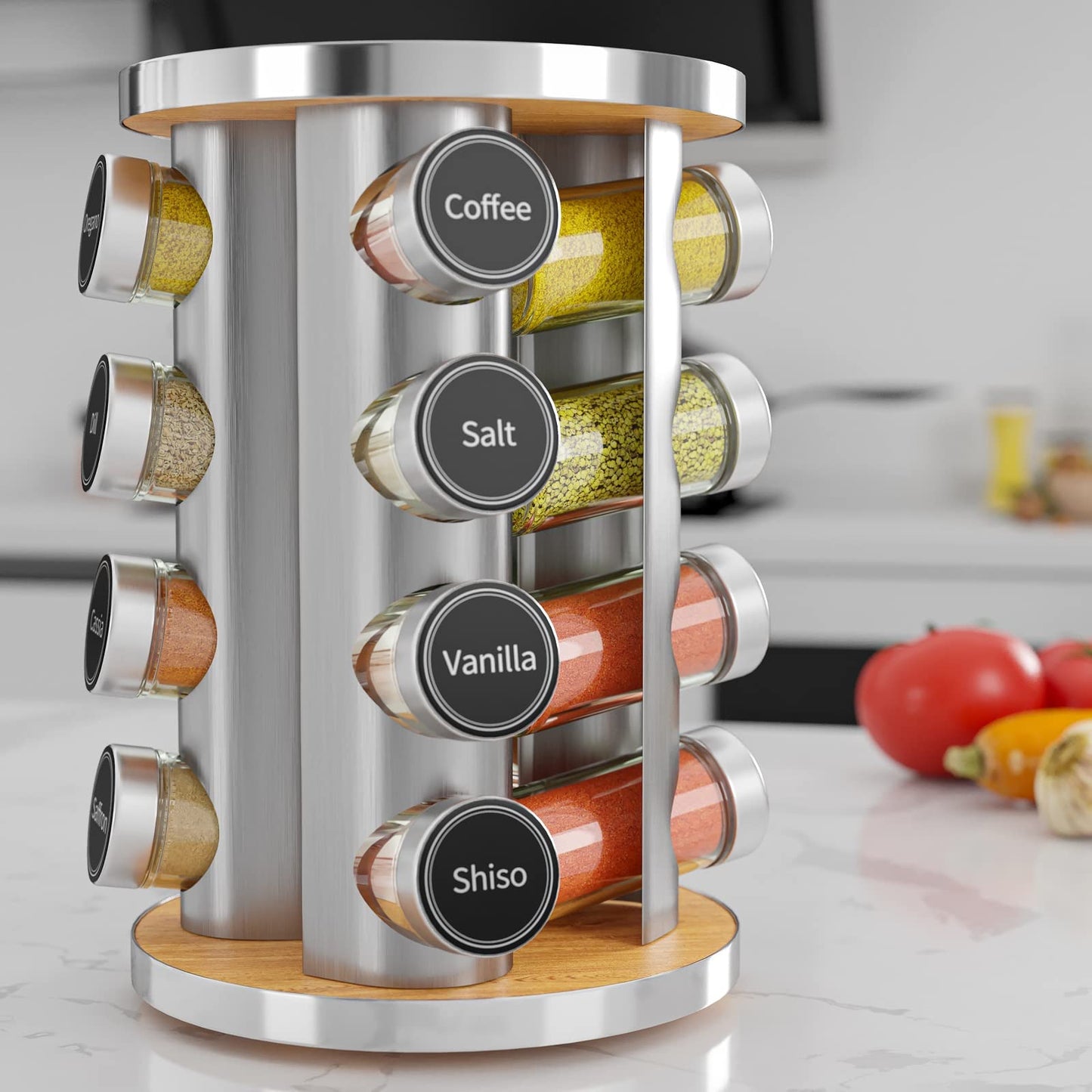 Revolving Spice Rack Set with 20 Spice Jars, Kitchen Spice Tower Organizer for Countertop or Cabinet -- Carousel Storage Includes 386 Spice Labels -- Desktop Rotating Seasoning Organizer