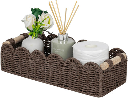CubesLand Paper Rope Scalloped Edge Shelves Storage Basket, Woven Toilet Paper Baskets for Over Toilet Storage Shelf, Ending Table, Floating Shelves Organizing or Home Décor, with Wood Handle, Brown