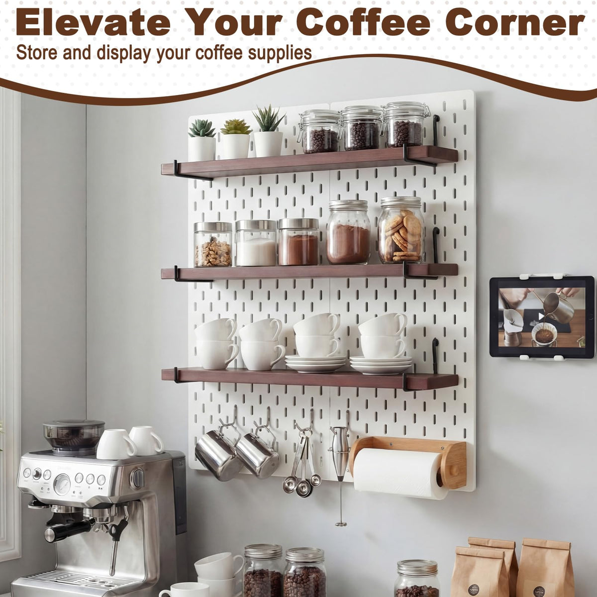 Novabright 8 Pcs Walnut Color Pegboard Shelves Set with Metal Brackets Hooks 11.8 x 4'' Wall Wooden Pegboard Shelving Heavy Duty Accessories for Crafts Office Garage, Compatible with IKEA Skadis