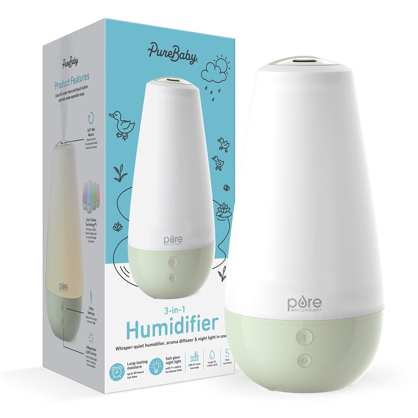 Pure Enrichment PureSpa XL 3-in-1 Cool Mist Humidifier, Essential Oil Diffuser & Mood Light - 2L Tank Provides Powerful Mist Coverage up to 350 sq ft in Bedroom, Office & Large Rooms