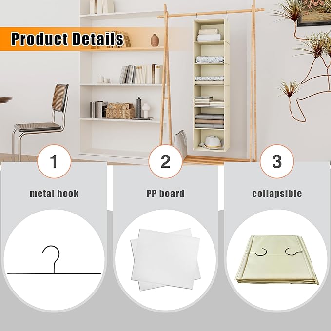 Hanging Closet Organizer, Easy Mount Foldable 6-Shelf Hanging Closet Wardrobe