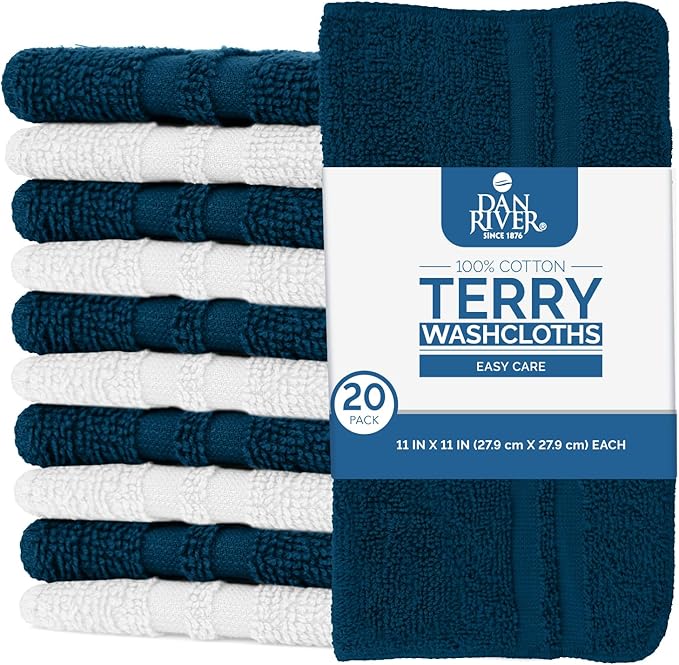 DAN RIVER 100% Cotton Washcloths 20 Pack Premium Quality Face and Body Cloth