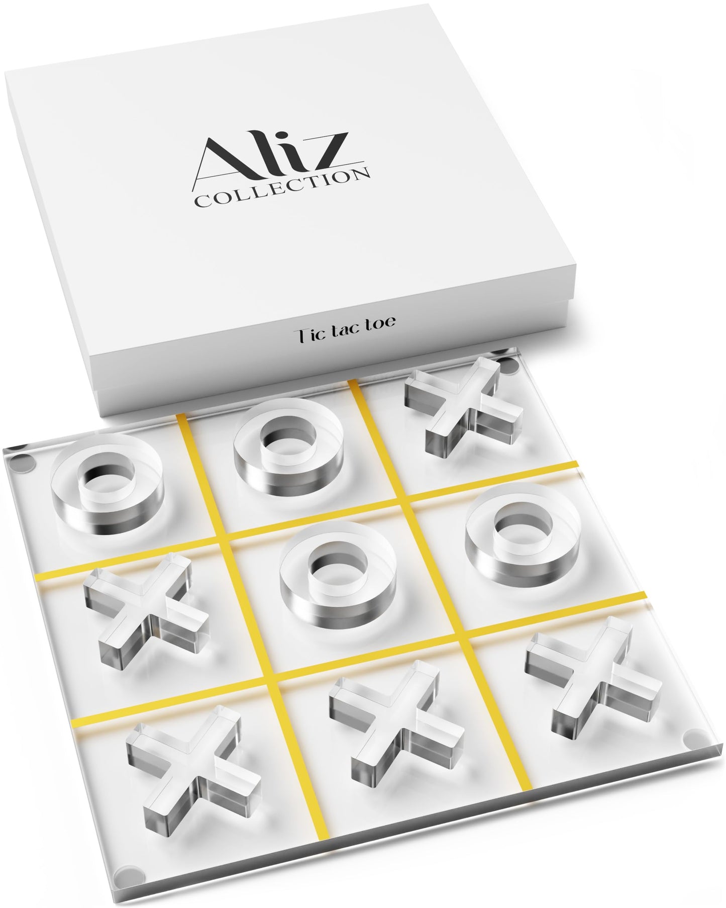 Aliz Collection Acrylic Tic Tac Toe Set - Luxury Tic Tac Toe Table Decor - Modern Coffee Table Game & Clear X and O Pieces - Decorative Acrylic Game for Home or Office - 10.23 x 10.23 x 1.06 Inches