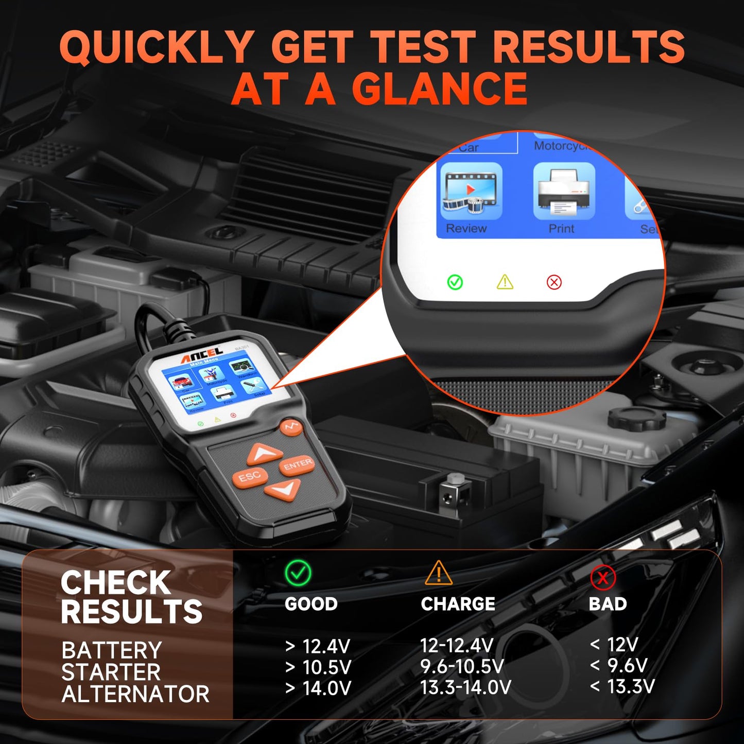 ANCEL BA301 6V 12V Car Battery Tester, 100-2000 CCA Automotive Load Tester Alternator Tester Auto Digital Battery Analyzer Cranking and Charging System Test Tool for Motorcycle Car Boat Truck SUV ATV
