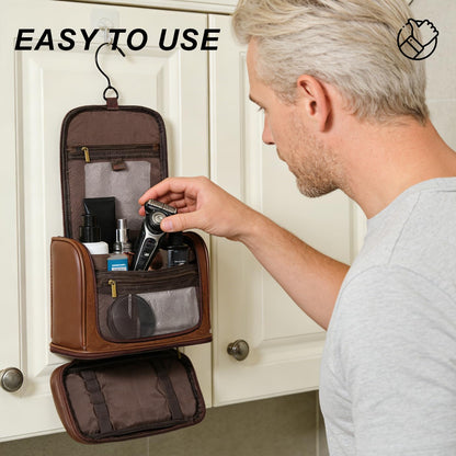 hanvate Travel Toiletry Bag For Men and Women, Leather Hanging Toiletry Organizer, Waterproof with Separate Compartments, Travel Kit for Gym Camping and Mens Gift (Dark Brown)