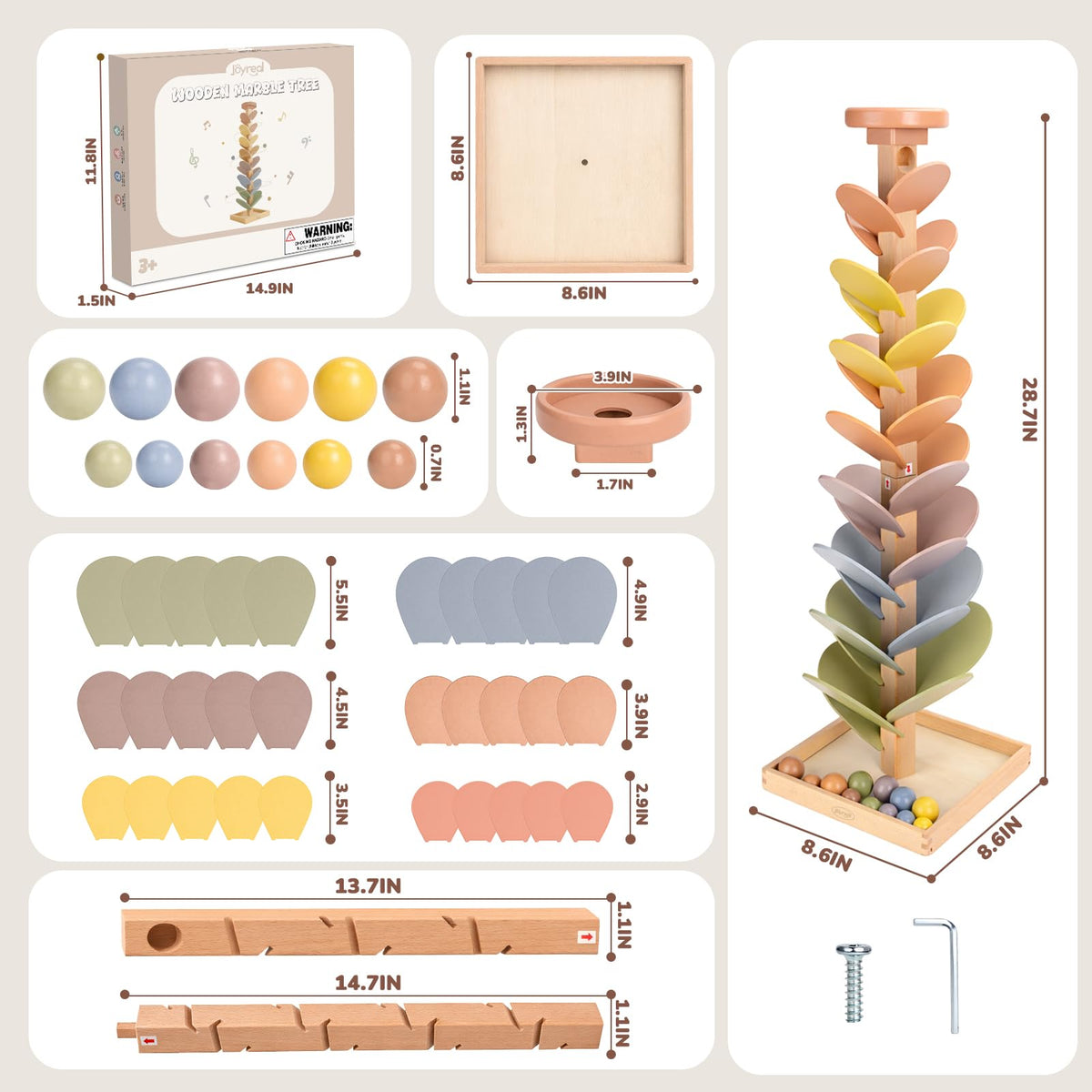 Joyreal Wooden Marble Run Music Tree for Kids 3-5 4-8, Montessori Wooden Ball Drop Toy, Rainbow Marble Tree Tower with Sound Leaves, Educational Learning Birthday Gift