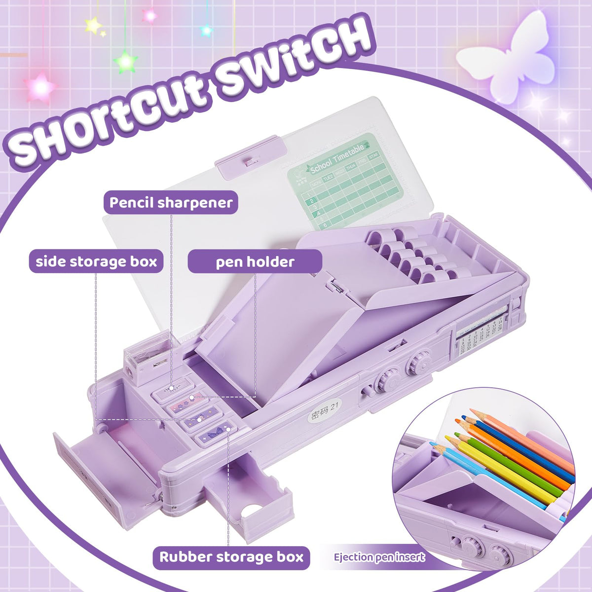Humyoun Multifunctional Pop up Pencil Case for Girls, Cute Cartoon Pen Box Organizer with Password Lock, Sharpener, Schedule, Birthday Stationery Gifts for Kids (Purple, Magic World)
