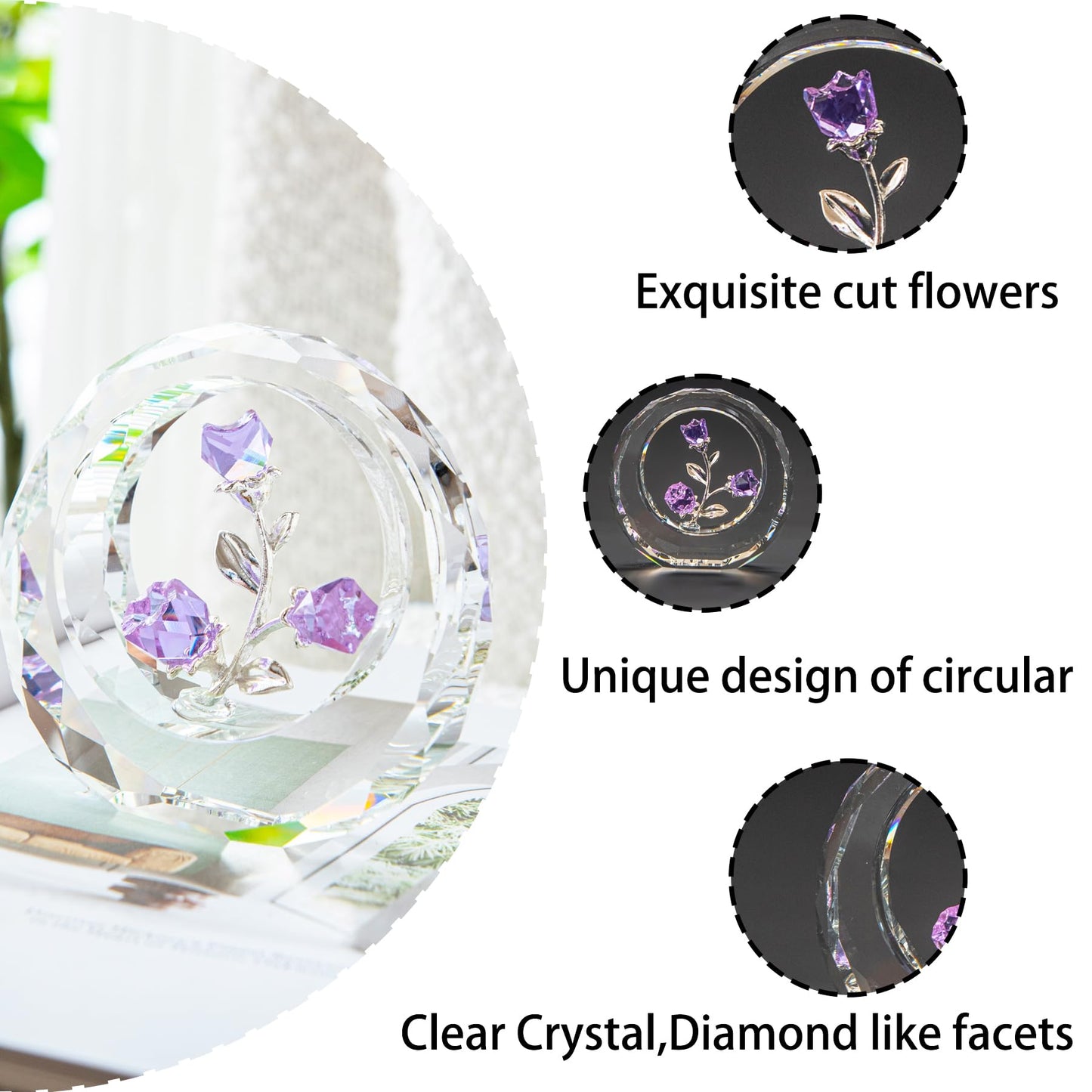 Crystal Tulips Rose Collectible Figurines,Glass flowers in glass dome,Tiny crystal glass rose figurines, Glass roses with stems with stems, Crystal deco for home, Holiday Creative Gift (Purple)
