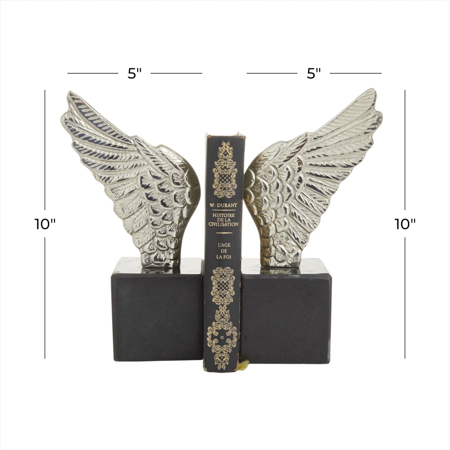 Deco 79 Aluminum Metal Bird Decorative Bookends Wings Non Skid Bookends with Marble Base, Set of 2 Office Bookends5'W, 10'H, Silver