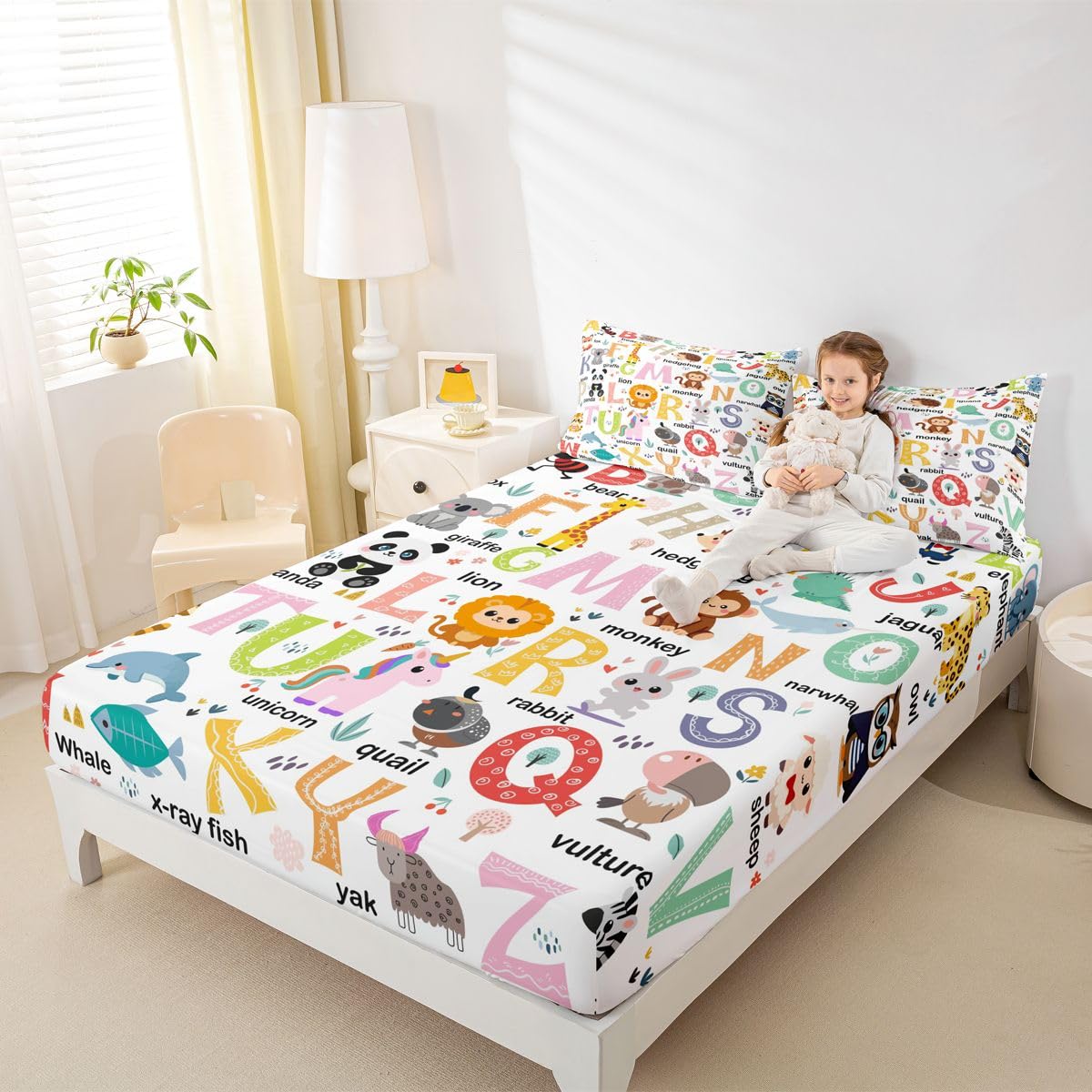 ABC Alphabet Bedding Set Twin Size for Boys Girls, Cartoon Animal Bed Sheet Set Cute Educational Learning Tool Fitted Sheet Learning Educational Bed Cover (1 Pillow Case and a Fitted Sheet)