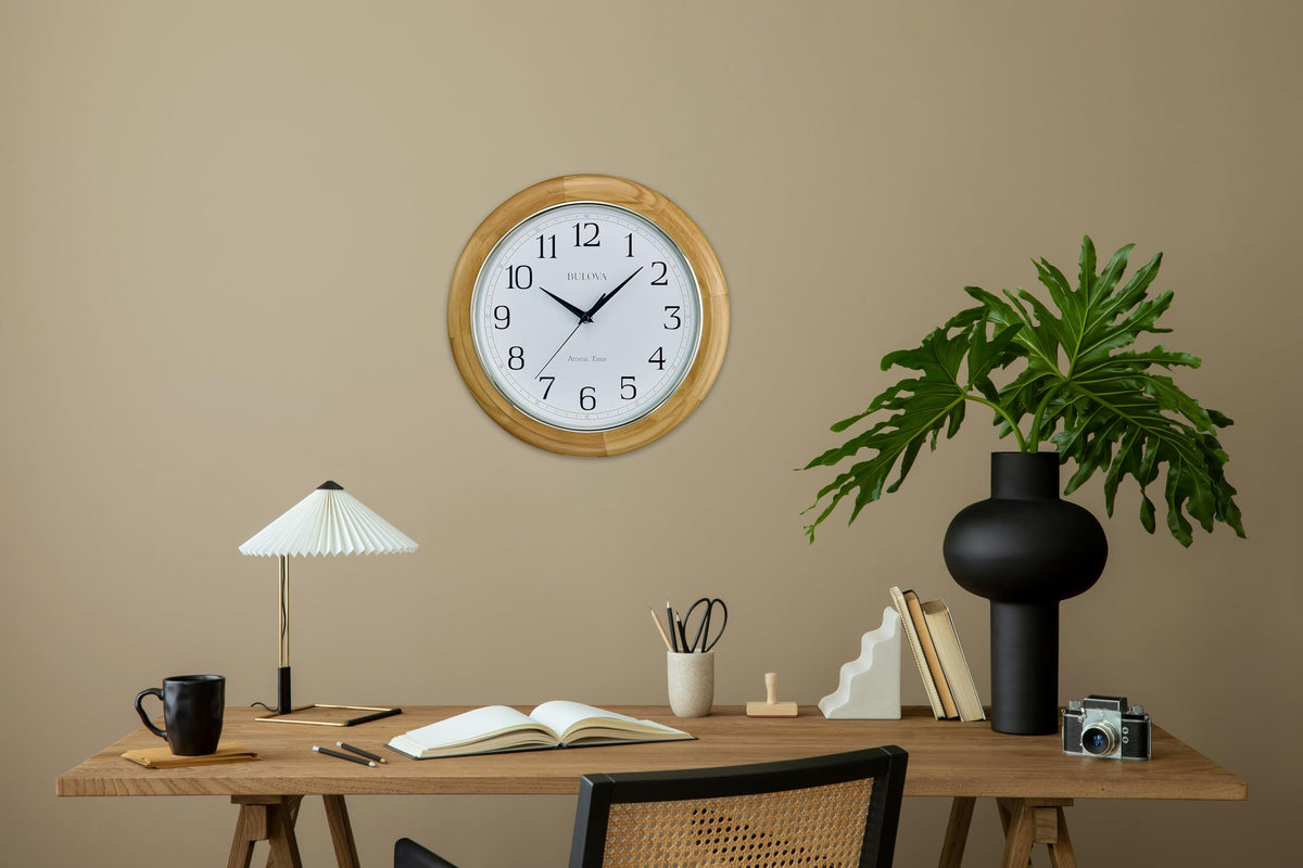 Bulova C5005 Wooden Atomic Analog Wall Clock | Automatically Sets Time | Large Roman Numerals | Battery Operated | Traditional Design
