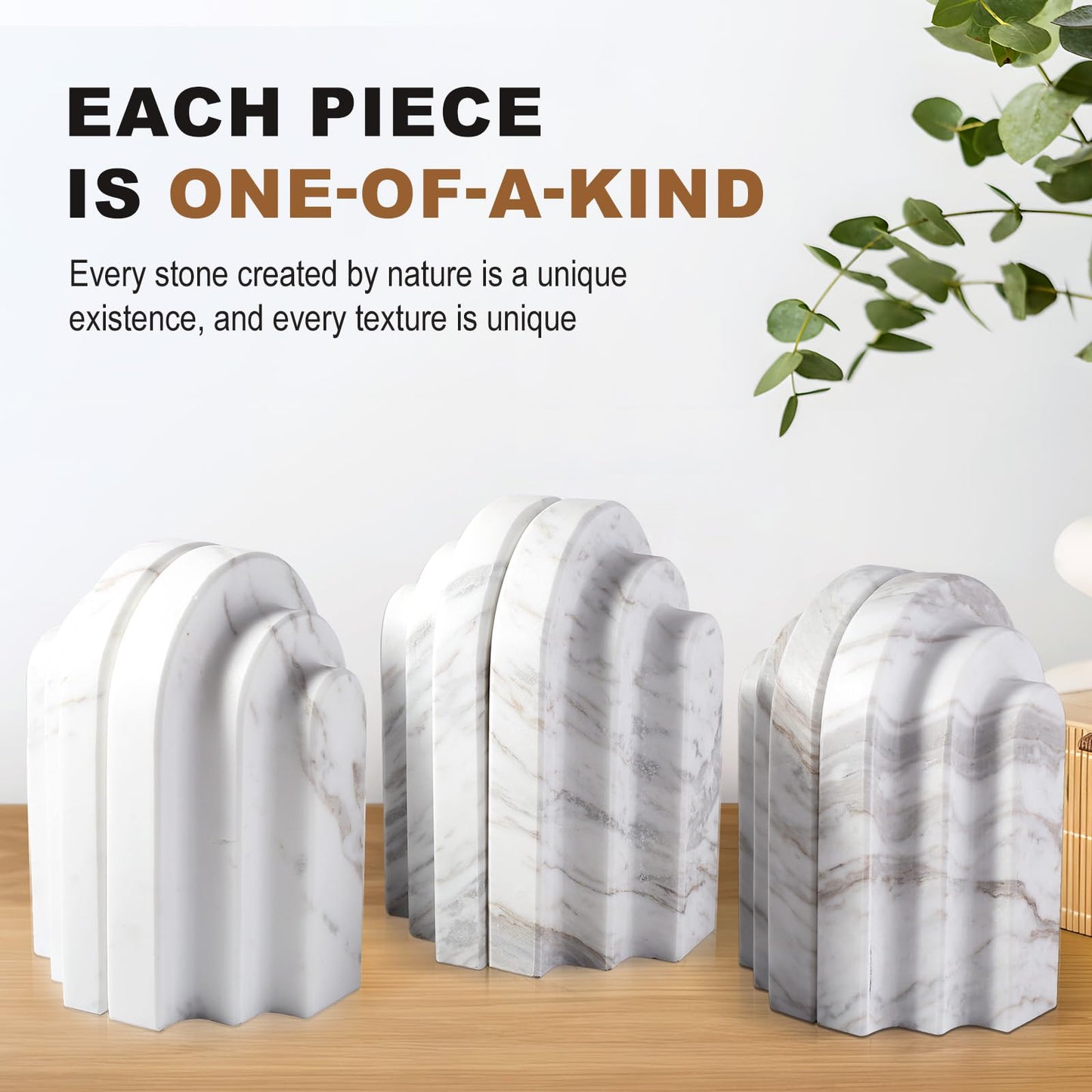 Natural Marble Book Ends - Heavy Duty Bookends for Shelves - Aesthetic Layered Arch Design Stone Book Holders, Modern Office Bookshelf Stopper Decor for Books/CDs (Volakas)