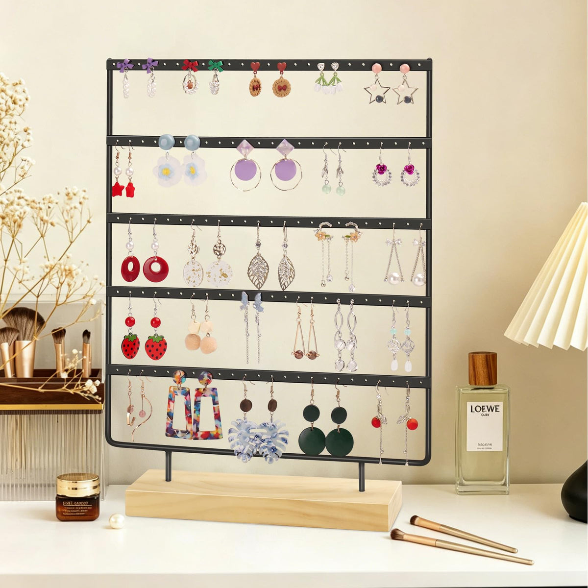RUINENGDA Jewelry Organizer, 5 Tiers Earring Organizer with 120 Holes for Storing and Displaying Earrings of Various Styles, Models and Sizes, Removable Wooden Base for Home and Store Use