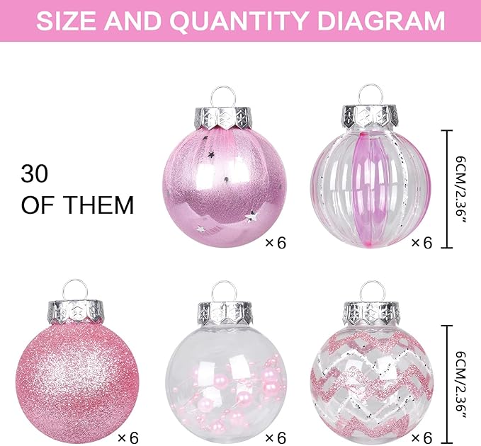 SY Super Bang 30PCS Pink Christmas Ornaments Set, 60MM/2.36" Clear Plastic Shatterproof Ball Ornaments for Christmas Tree Hanging Decorations, for Home Holiday Party Xmas Decor.