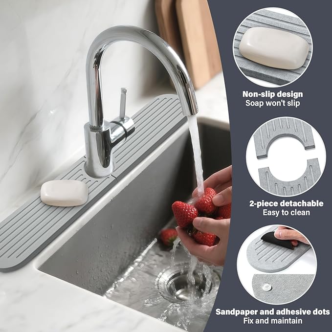 Stone Faucet Mat for Kitchen Sink, 2 Set/4PCS Quick Dry Diatomaceous Earth Tray