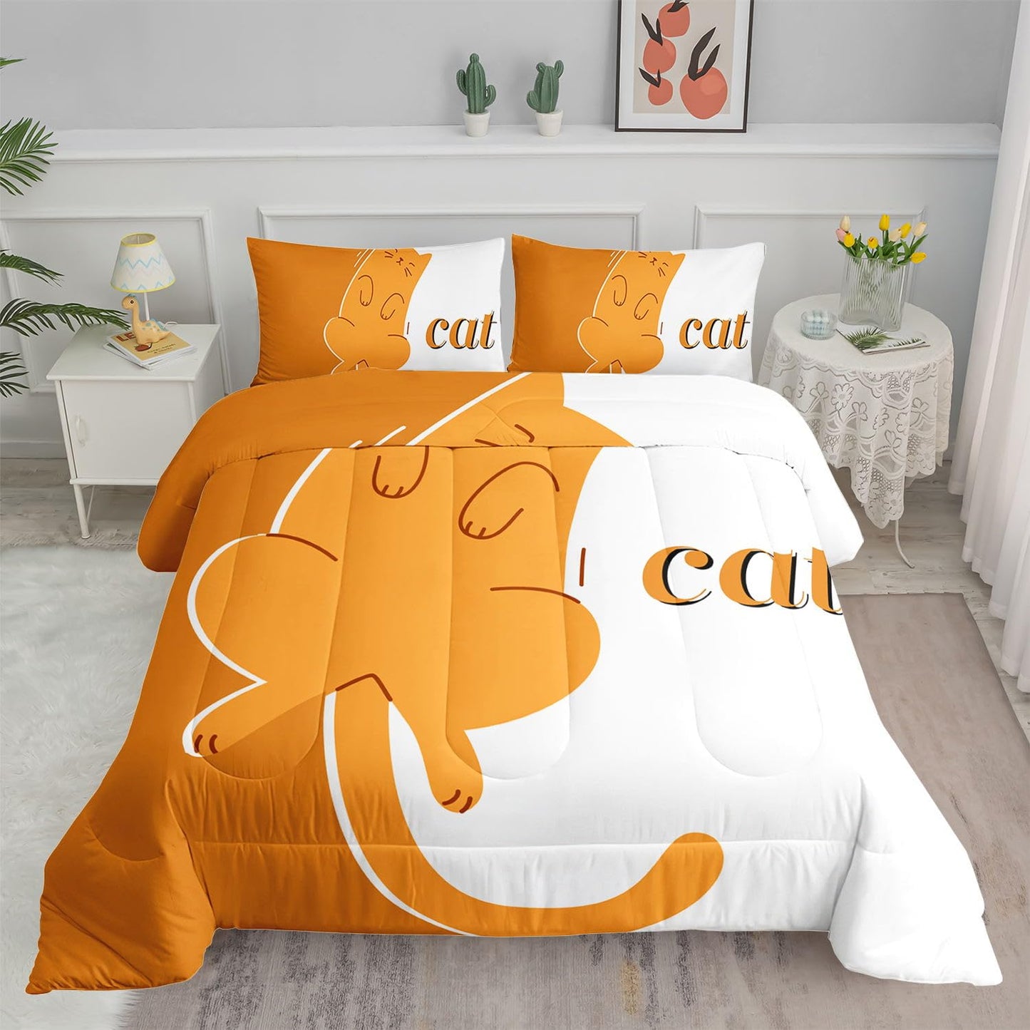 Smell Sunshine Orange Cat Comforter Set Cartoon Animal Printed Bedding Set with 1 Comforter and 2 Pillowcases for Boys and Girls Bedroom All Season(Cat Twin)