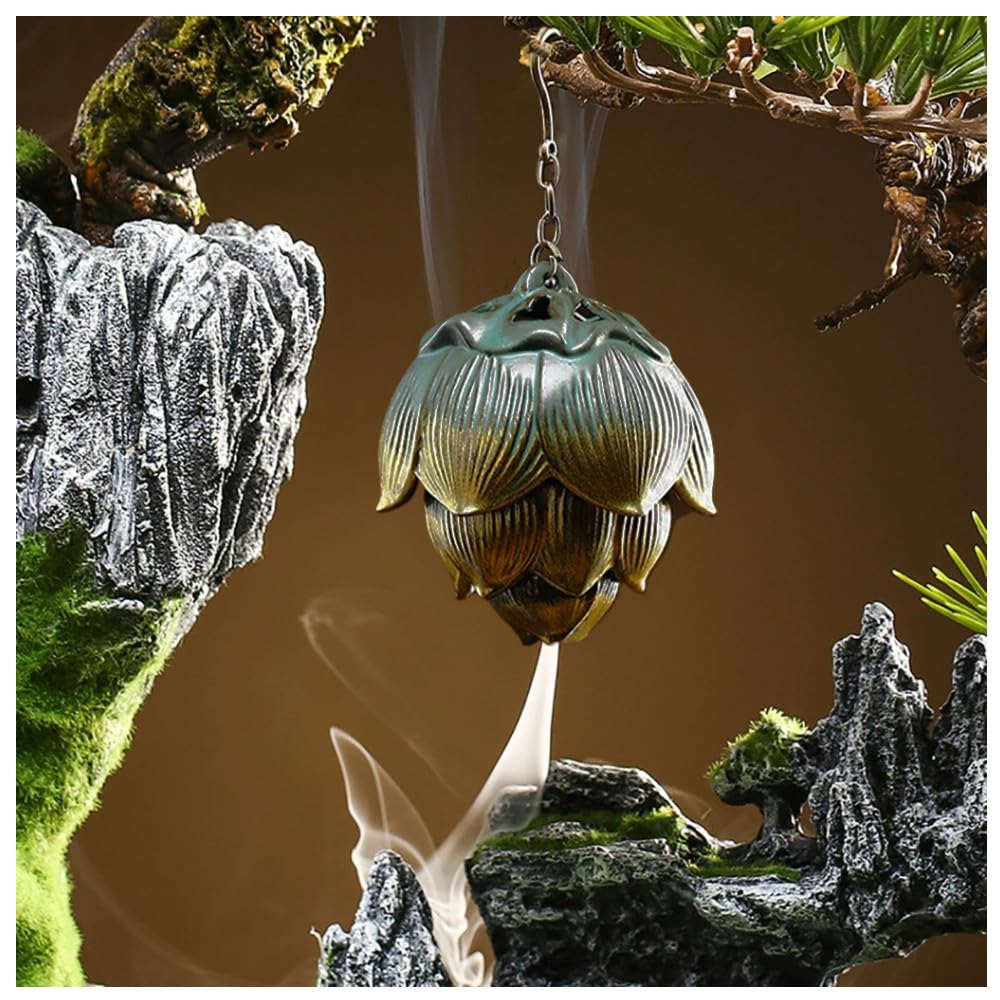 Primst Lotus Furnace Hollow Hanging Ball Incense Burner, Ceramic Backflow Incense Cones and Incense Coil Holder for Home Office Ornament Decoration