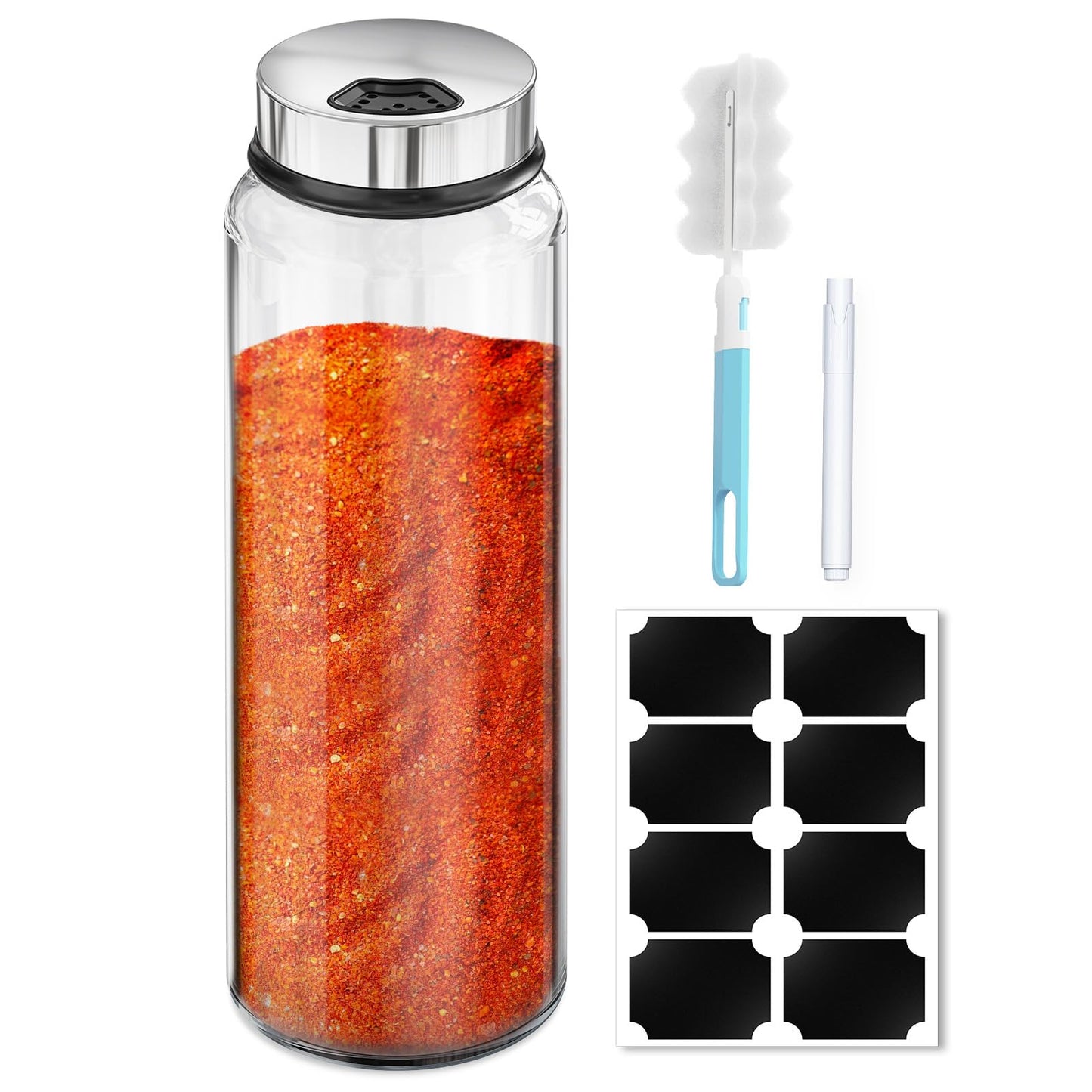 Segarty 15oz Spice Jar with Accessories, 1 Pack 450ml Glass Salt Pepper Bottle with Shaker Lids for Seasonings Storage, Large Condiment Container with 8 Blank Labels, 1 Cleaning Brush, 1 Chalk Marker