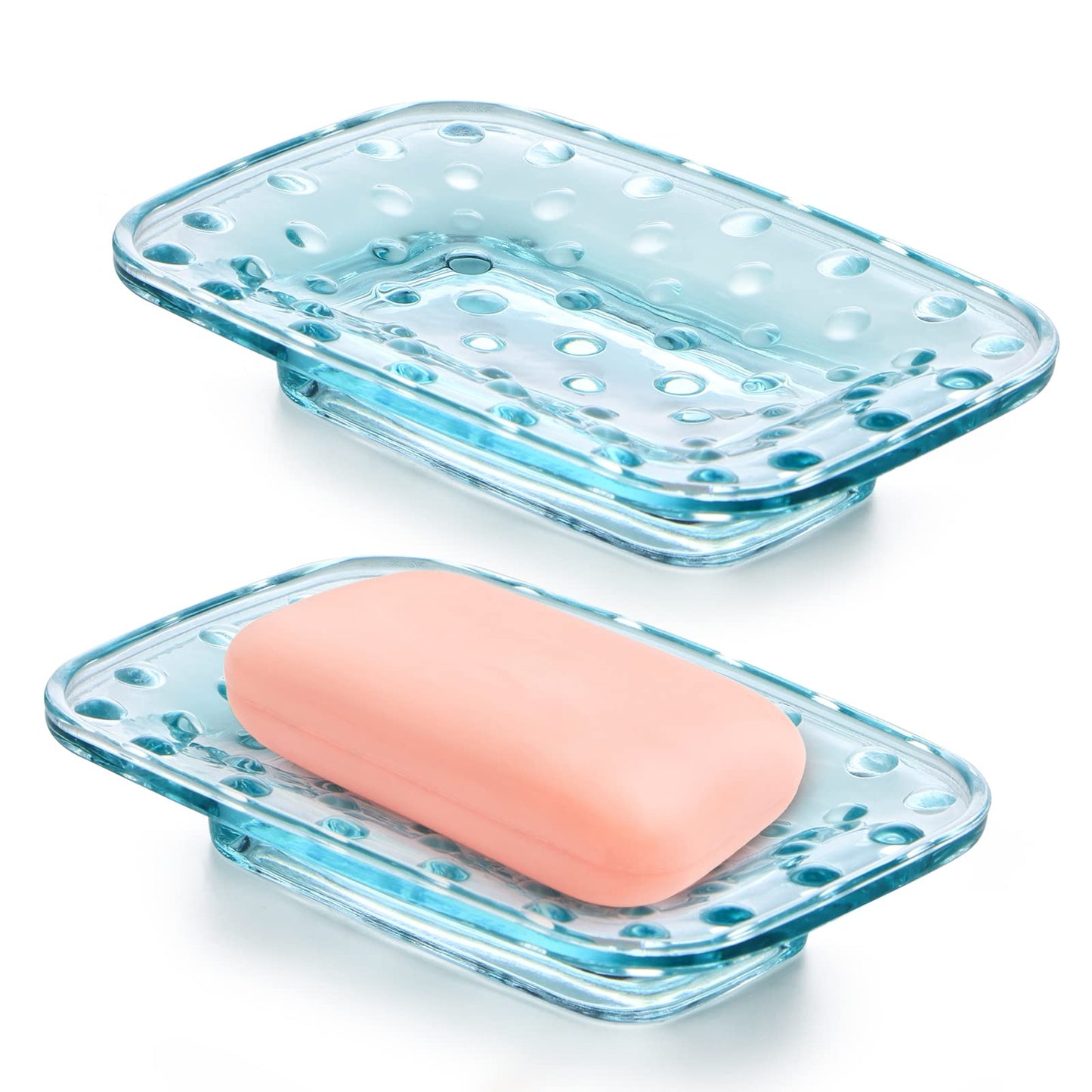MDLUU 2-Pack Glass Bar Soap Dish, Embossed Bar Soap Holder, Decorative Soap Saver Tray for Shower, Bathtub, Bathroom Sink, Kitchen Sink (Square)