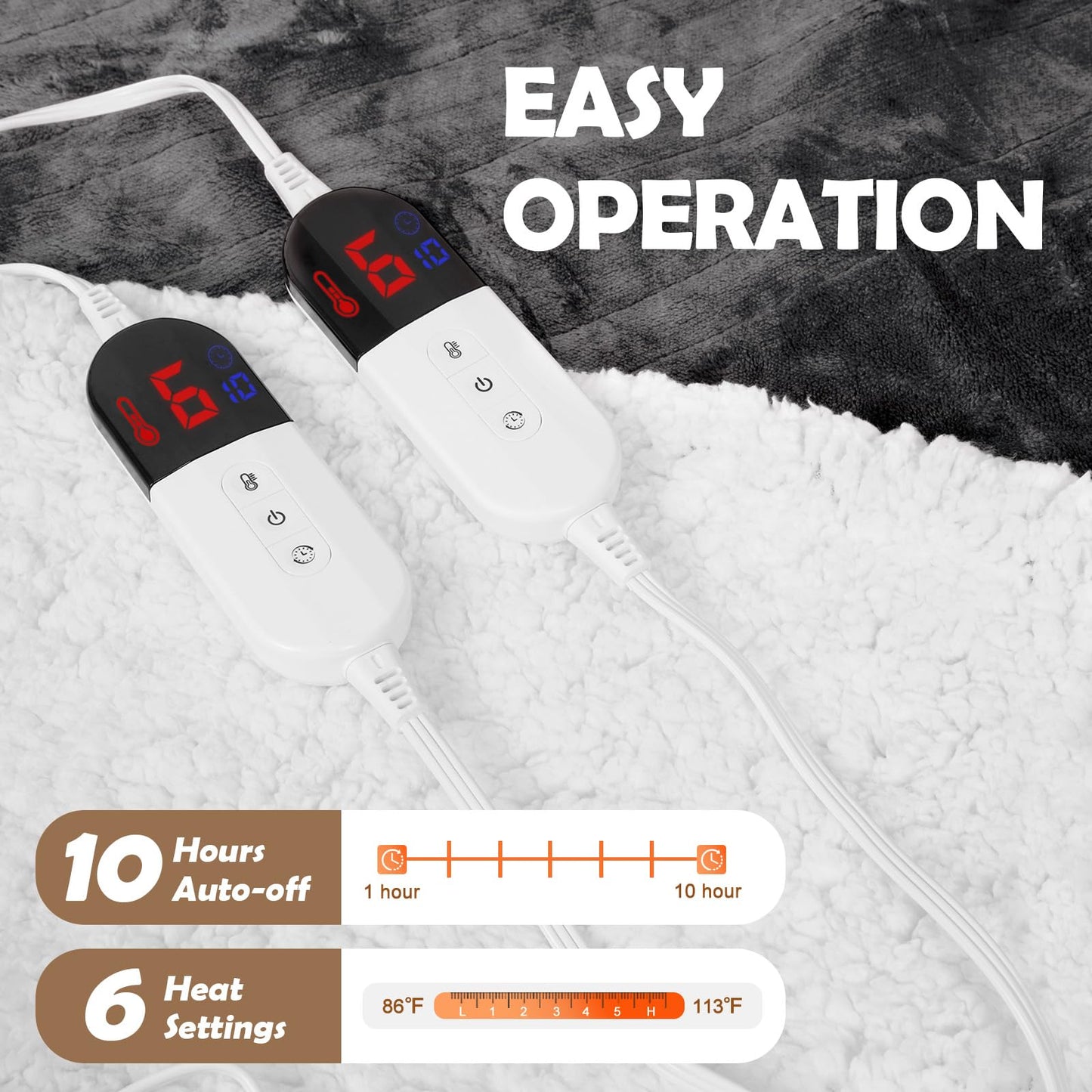HOW'S MY HOUSE Heated Blanket Throw 50" x 60", Electric Blanket with 12 Time Settings & 6 Heating Levels, Over-Heat Protection, Flannel Sherpa Super Cozy with ETL Certification, Gray