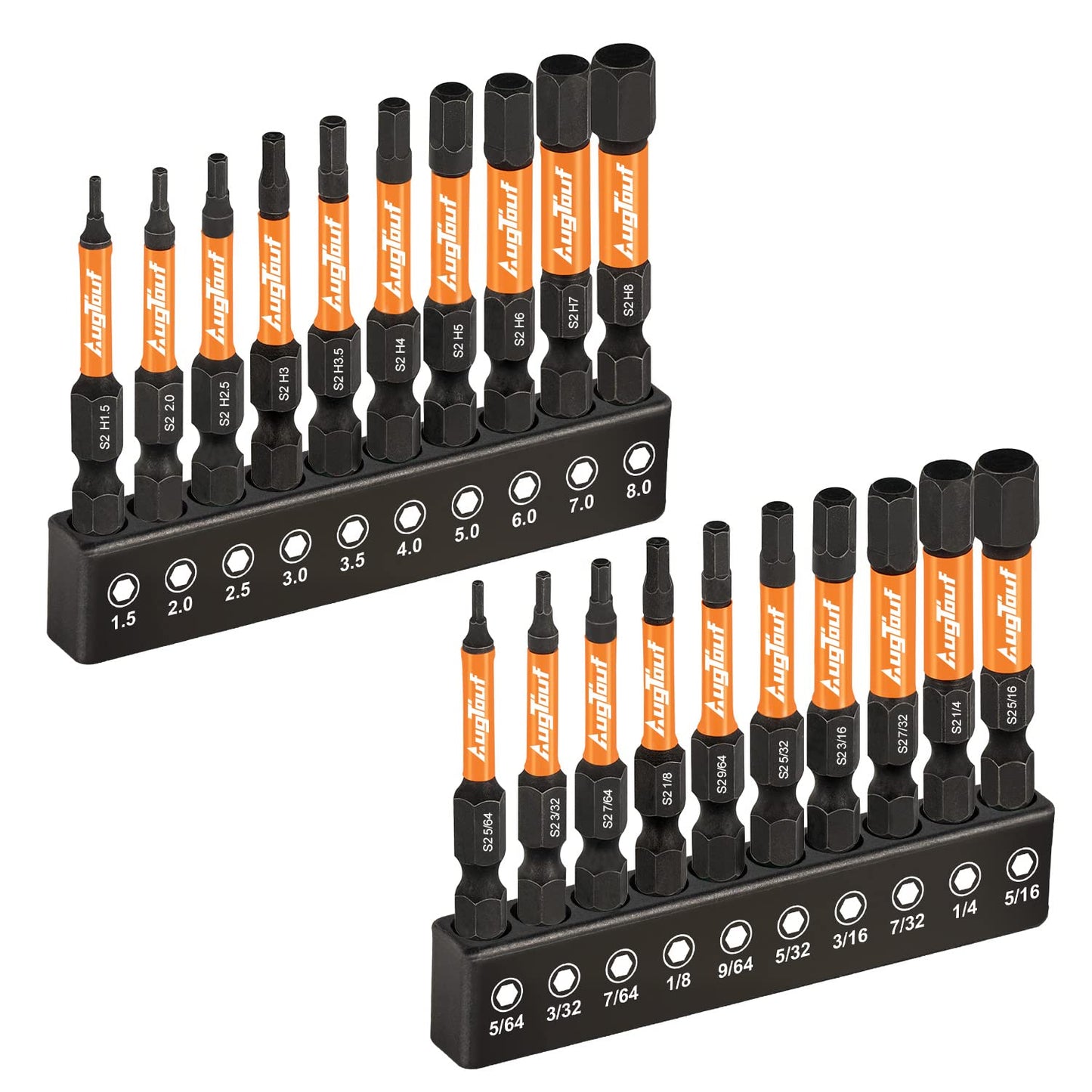 toolant Impact Hex Head Allen Wrench Drill Bit Set 20pcs (Metric&SAE), 1/4" Hex Shank S2 Steel Bits Set, CNC Machined Tips with Magnetism, 2" Long with Storage Box