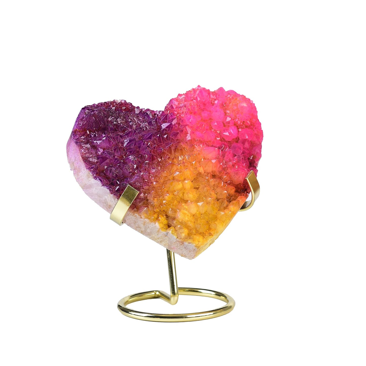 AMOYSTONE Heavy Heart Shaped Crystal Cluster Electroplated White Crystal Cluster with Alloy Bracket, Home Office Decoration (Orange-Pink-Purple 2-2.5 LBS)