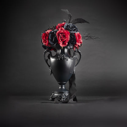 DARK GOTVIC Gothic Victorian Resin Vase with Lace Doily – Waterproof 14" Black Vase for Fresh and Artificial Flowers – Goth Home Decor, Gift, Black Wedding or Halloween Table Centerpiece