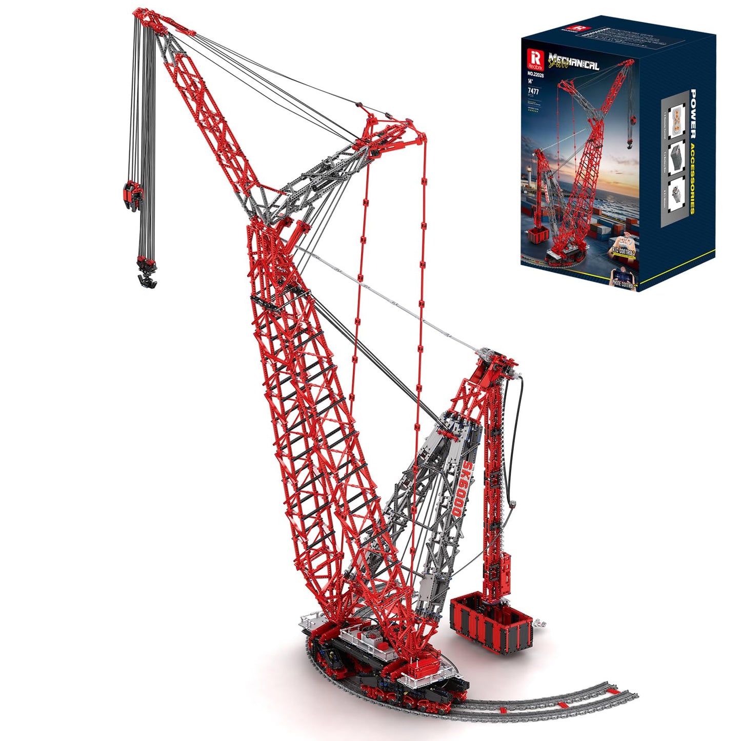 Reobrix RC Crane Building Block Sets for Adults 22028 Large 1:80 Scale 96.85 Inch Remote Control Crane Model Big Ring Rail Cranes Building Toys Construction Building Block Kits for Adults (7477PCS)