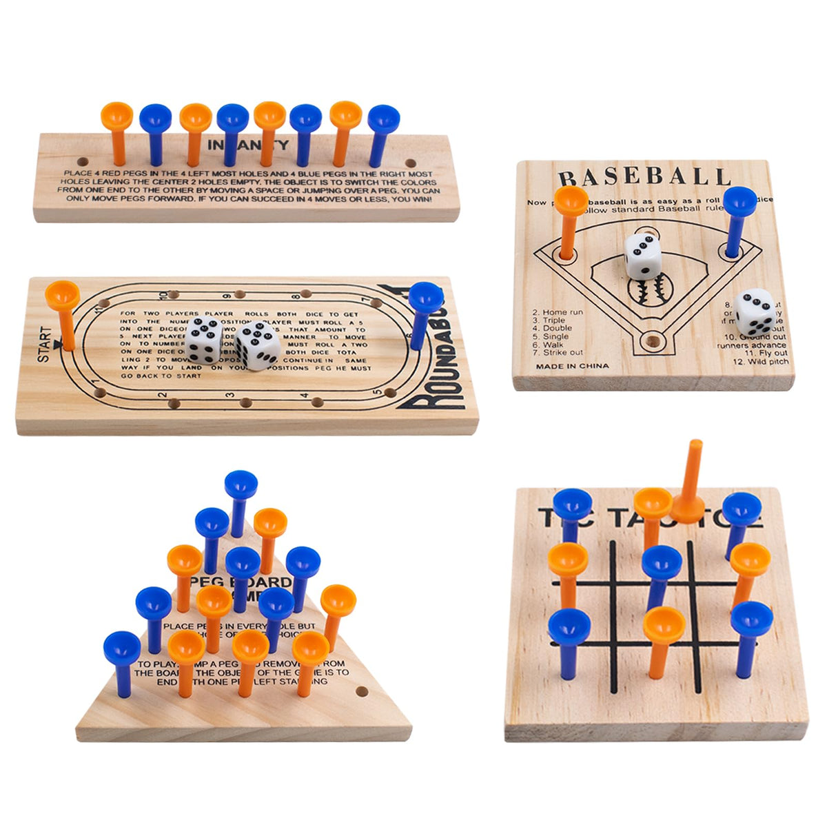 Wooden Peg Games Assortment Kit, 5 PCS Fun Brain Strategy Toy for Teens and Adults, Including Baseball, Tic-Tac-Toe, Insanity, Peg-Board-Game, Roundabout