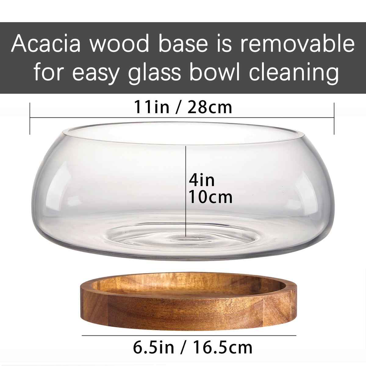 TREELF Large Glass Salad Bowl Set - 4.5 Quart Mixing Bowl With Acacia Wood Base And Serving Utensils, 5/32 Inch Extra Thick Wall, Decorative Fruit Bowl - Kitchen Must-Have