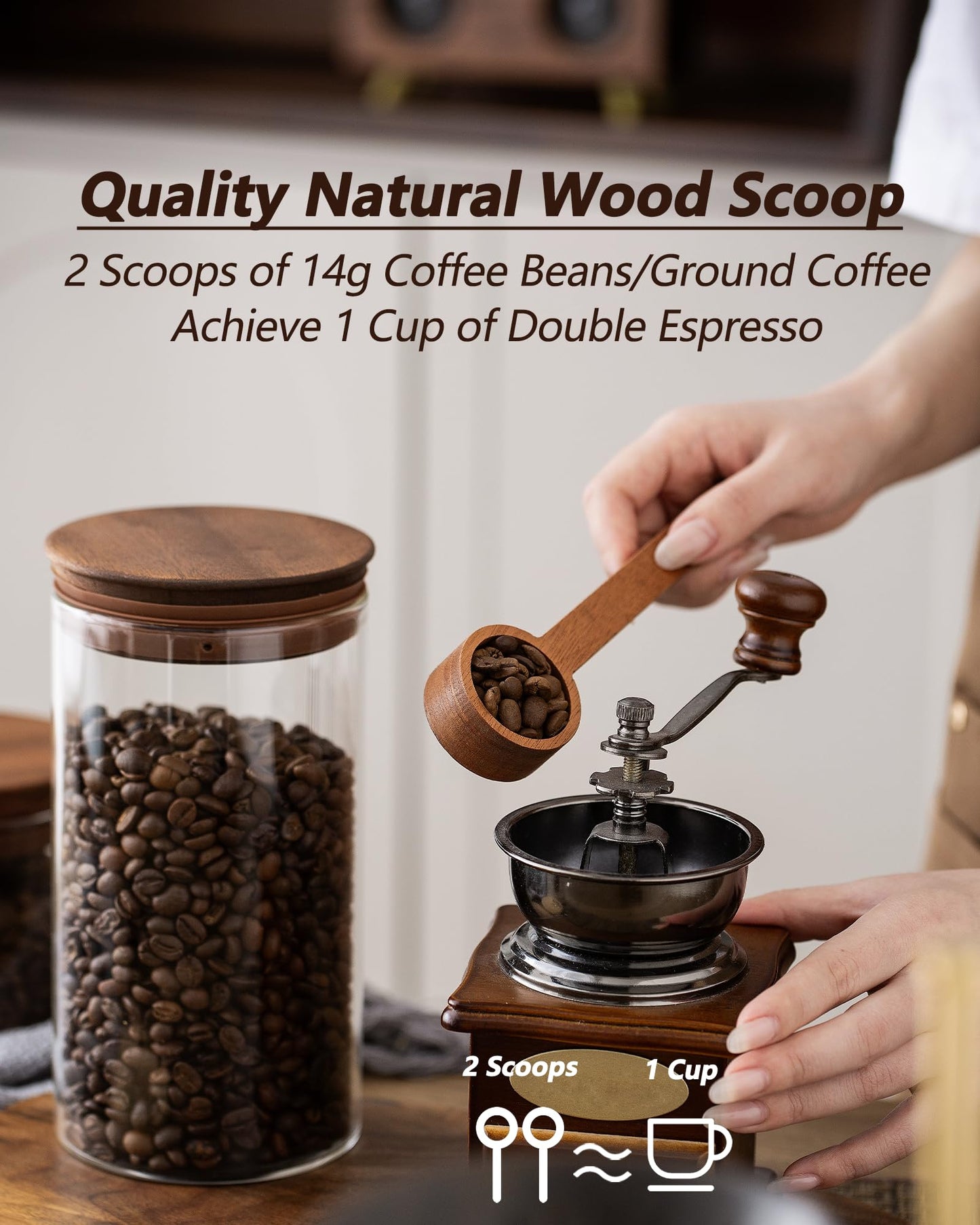 BOILMERIT 37 oz Coffee Canister with Scoop and Wooden Lids, Airtight Storage Container Sets of 2 for Ground Coffee & Beans, Glass Jars for Coffee Bar Organizer, Kitchen Countertop
