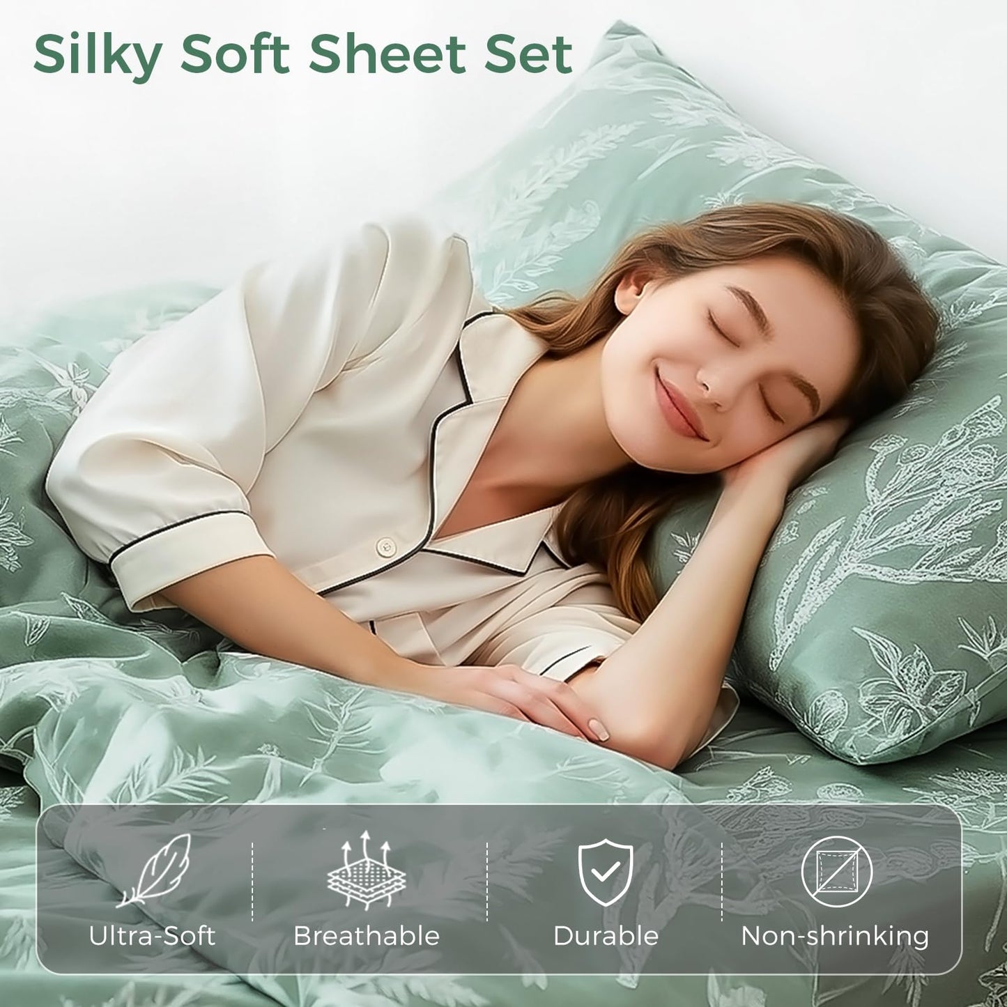 Tokokimo Floral Sheets Set King Size, 16 inches Deep Pocket Fitted Sheet, Flat Sheet & Envelope Closure Pillowcases, Soft Breathable Microfiber Sheet Set 4-Piece, Green and White Leaf Floral