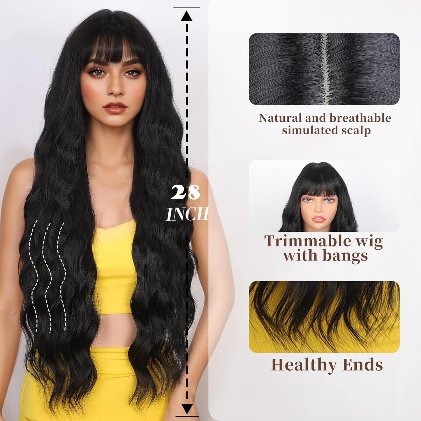 YEESHEDO Long Black Wigs for Women Natural Curly Wavy Synthetic Hair Wig with Fringe for Girls Cosplay Party or Everyday Wear