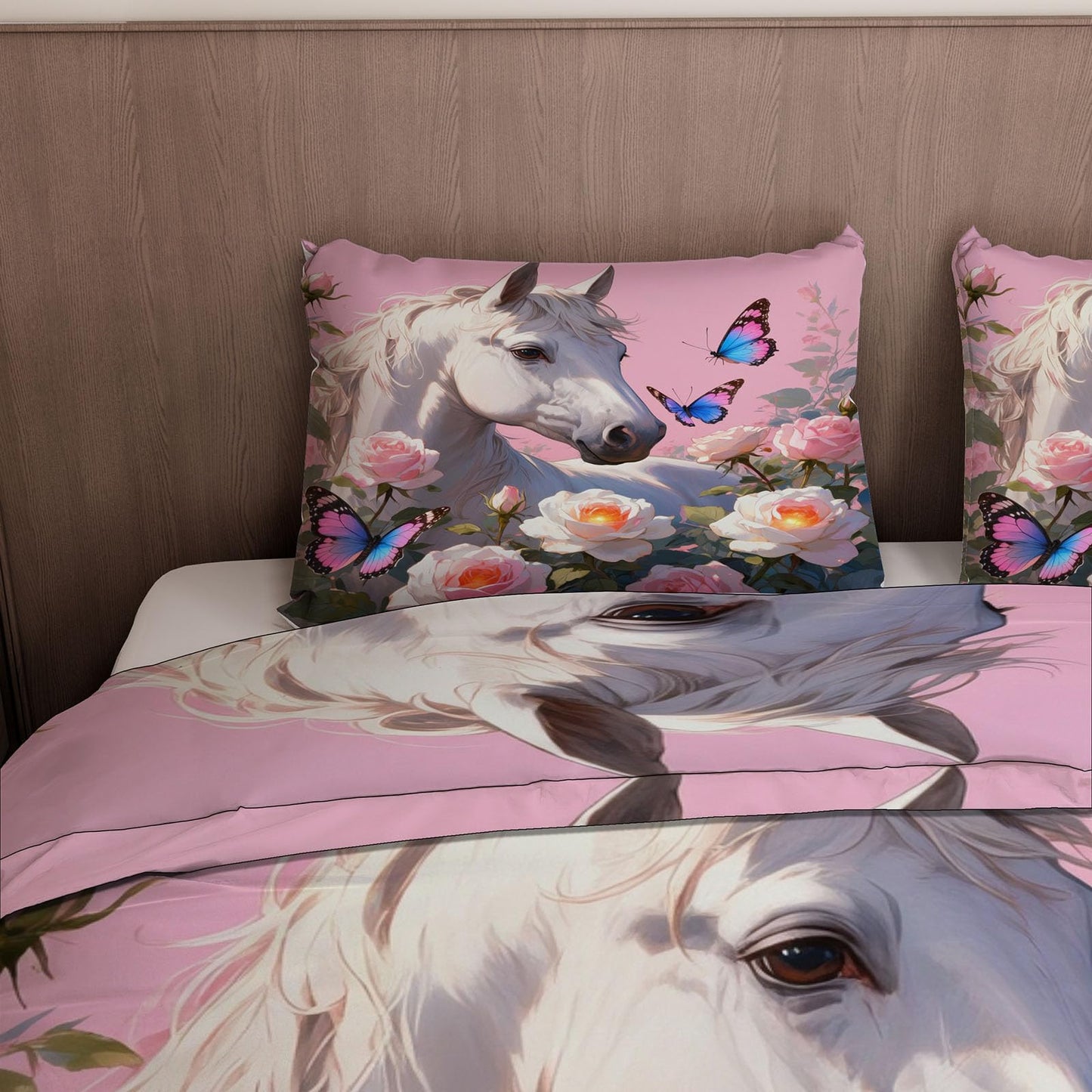 3D Horse Duvet Cover King Size 104x90in Soft Breathable Microfiber Butterfly Flower Bedding Set Zipper Closure Reversible Comforter Cover 3 Pieces with 2 Pillow Shams (WJT 23-3)