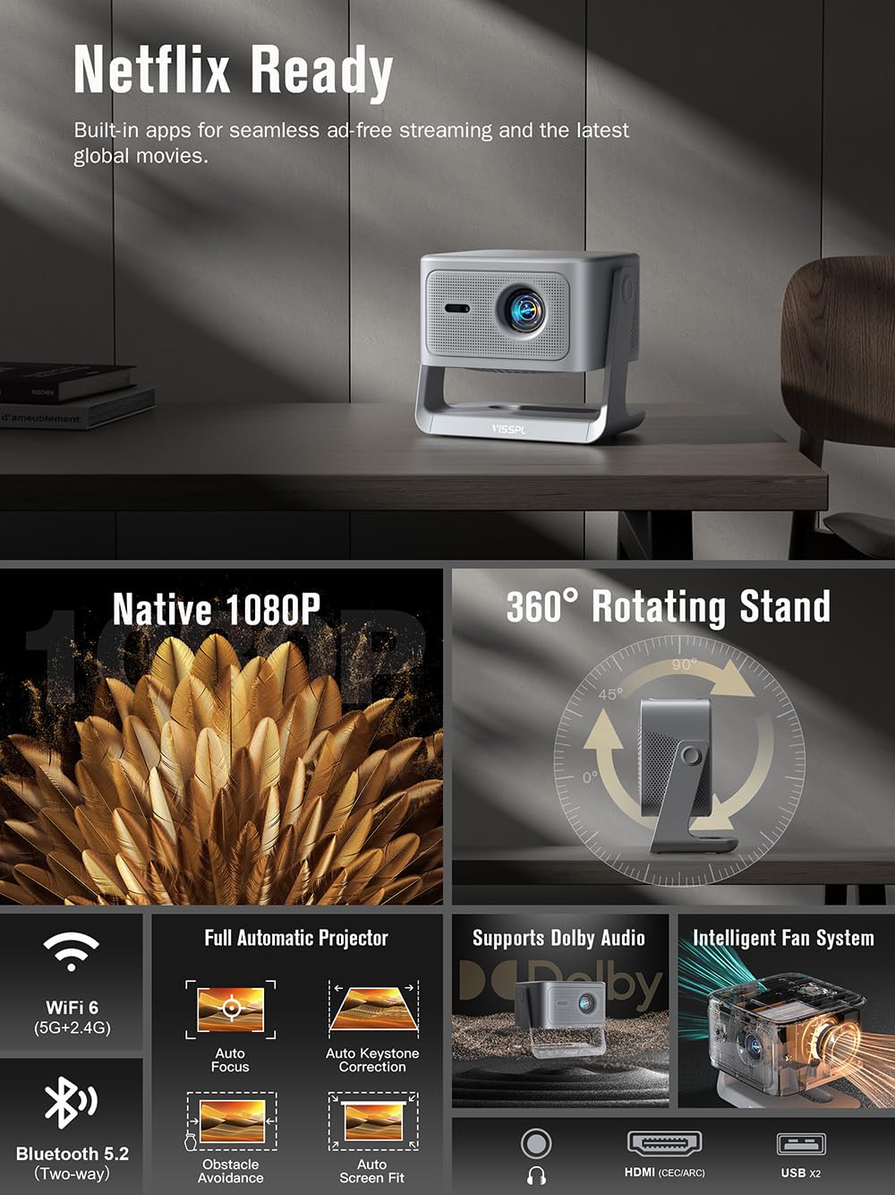 【3000ANSI & Officially-Licensed APP】Smart 4K Projector with WiFi and Bluetooth, VISSPL 3D Dolby Audio and Auto Focus Portable Outdoor Projector, Movie Home Theater Proyector with 360° Adjustable Stand