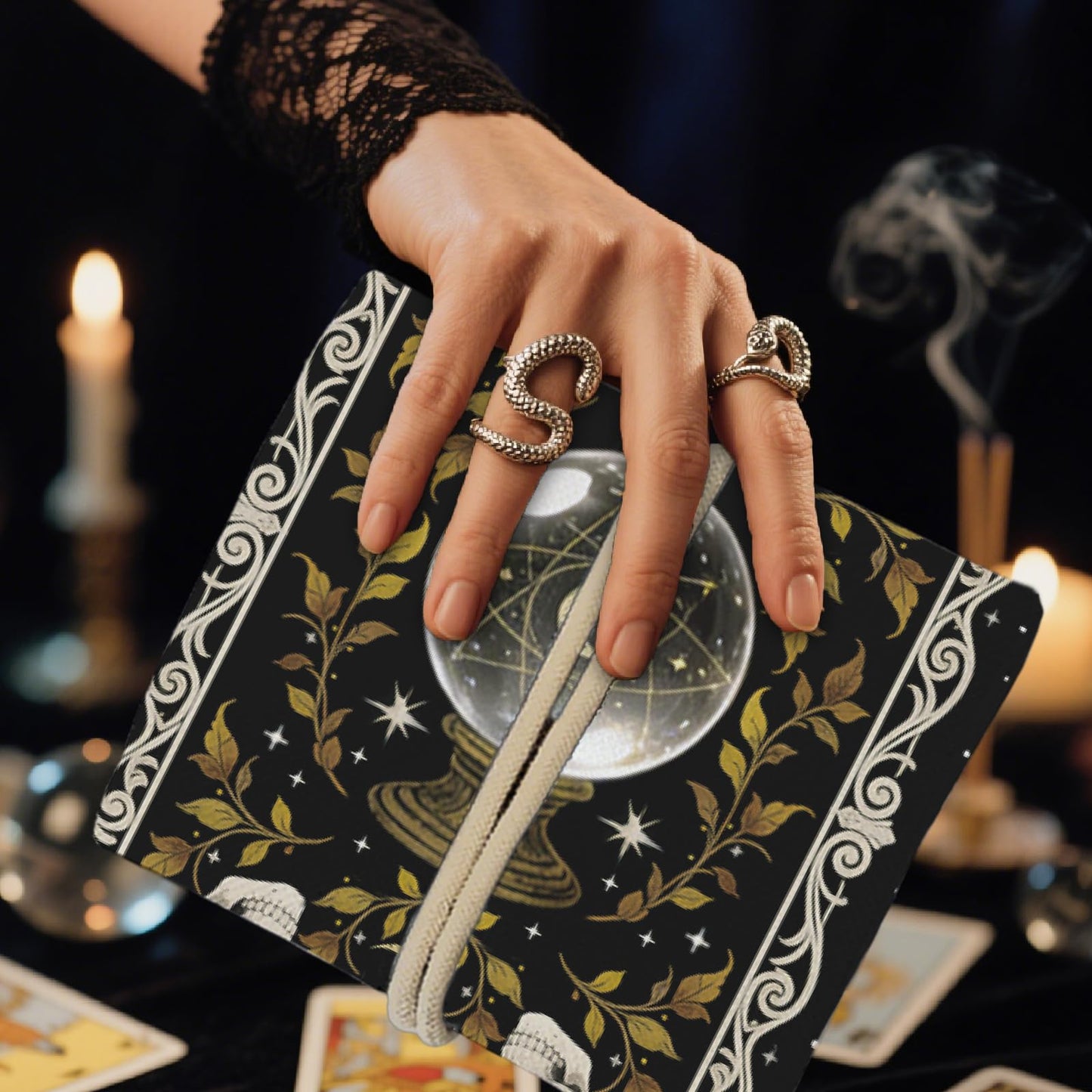 GLOBLELAND 2 Pcs Magic Divination Crystal Ball Tarot Card Holder Skull Polyester Tarot Bag Magic Divination Canvas Jewelry Storage Drawstring Pouches Accessories for Playing Cards and Tarots