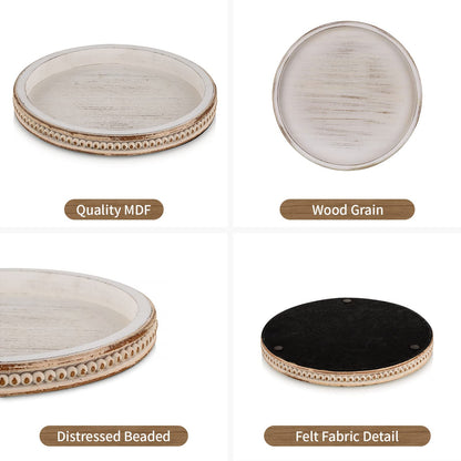Hanobe Round Wooden Decorative Tray: White Washed Bead Tray Decor for Coffee Table Centerpiece Rustic Farmhouse Tray for Kitchen Counter Living Room Decoration