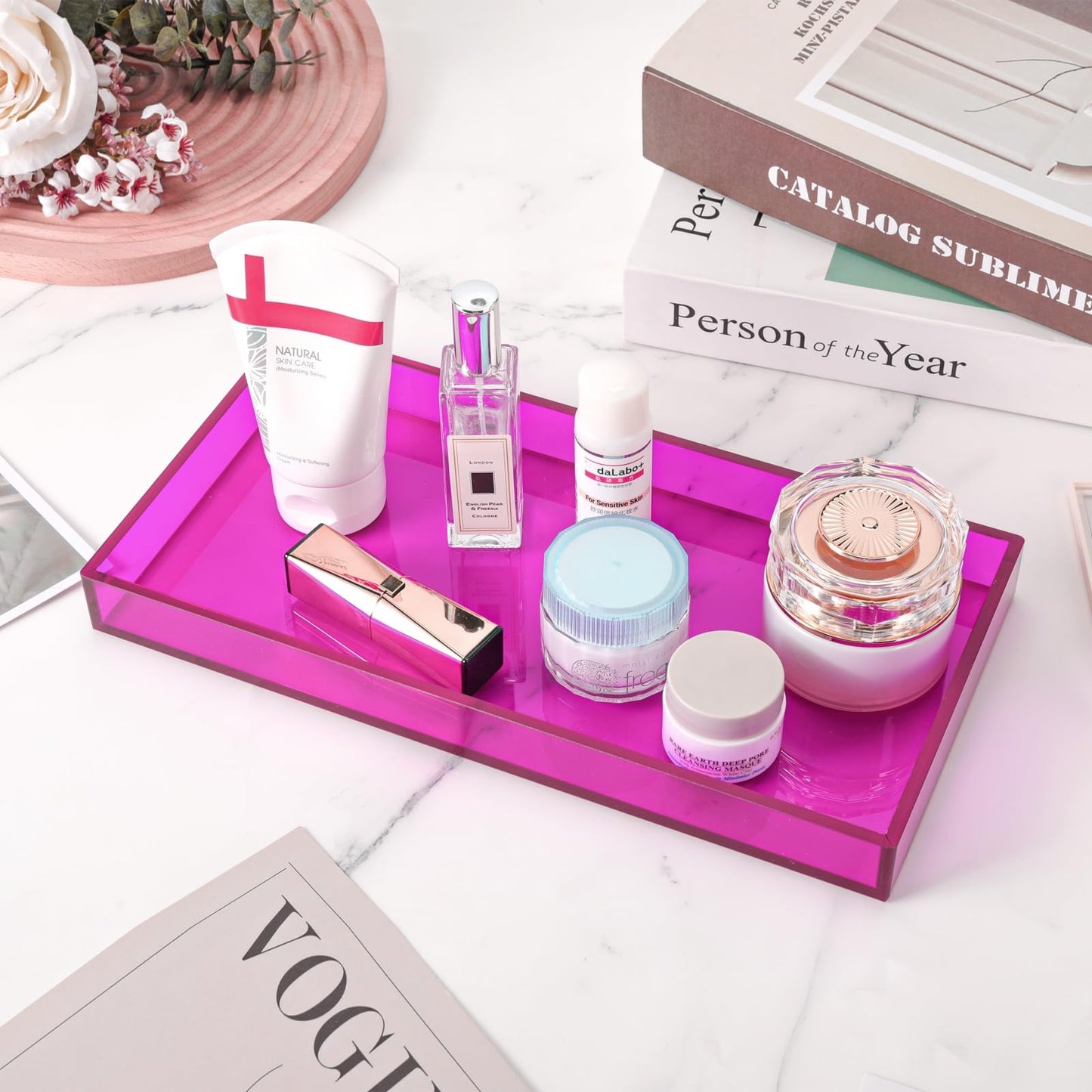 Acrylic Tray for Vanity Makeup Perfume Jewelry 12x6'' Small Decorative Tray for Bathroom Dresser Tops Candle Sink Counter, Purple