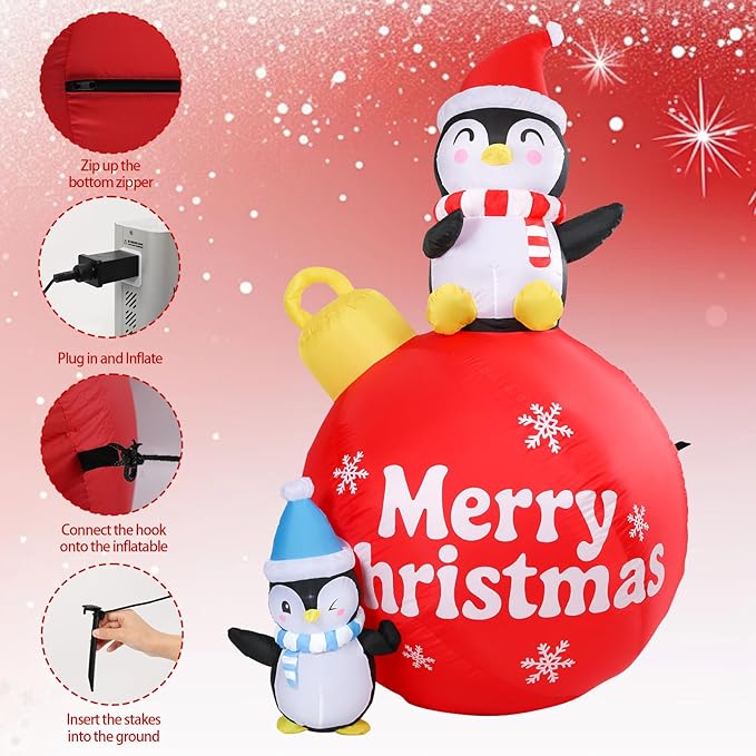 Vigdur Christmas Penguin Inflatable, 6FT Xmas Blow Up Holiday Ball Decoration with LED Lights, Outdoor Christmas Penguin Decoration for Yard Garden Lawn Winter Holiday Supplies Décor