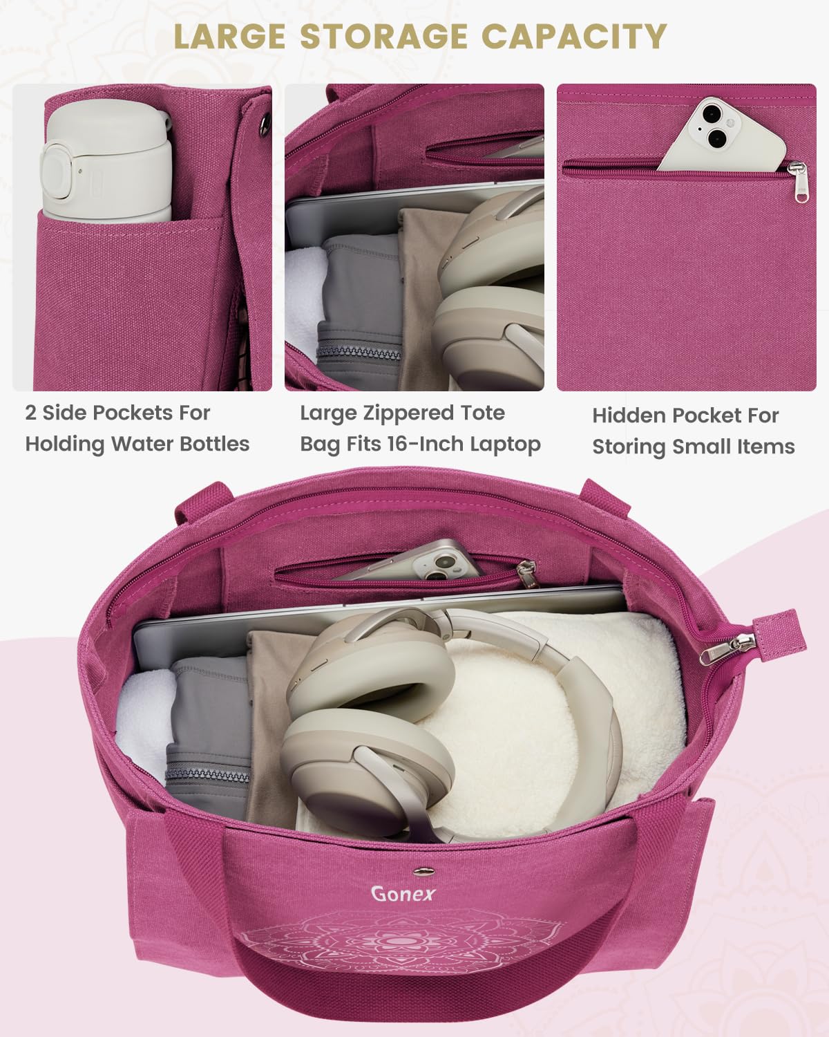 Gonex Yoga Mat Bag, Yoga Gym Bag Tote Bag with Multi Pockets For Women Men, Canvas Yoga Mat Carrier Take in Out Mat Easily For Pilates Travel Workout Office, Rose Red