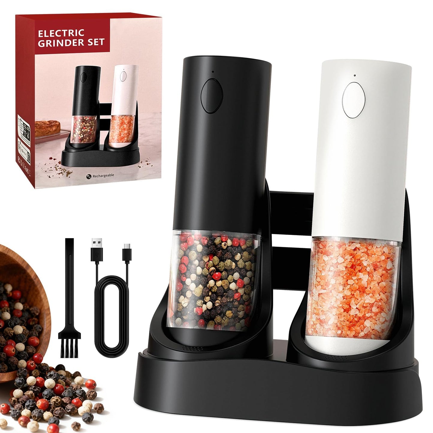 Irosiy Electric Salt and Pepper Grinder Set - Kitchen Appliances, Adjustable Coarseness, LED Light, Stainless Steel & Glass Body - Spice Mill for Birthday Gifts for Women