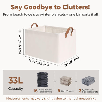 StorageWorks Fabric Storage Boxes for Shelves, Large Storage Baskets with Metal Frame, Foldable Clothes Storage Boxes, Bedroom Top of Wardrobe Organisation with Handles, Beige, 2-Pack
