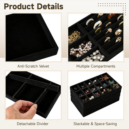 Homaisson Jewelry Drawer Organizer, Velvet Jewelry Tray, Multiple Compartment Layout, Set of 4 Jewelry Organizer for Rings, Earrings, Bracelets, Necklaces (Black)