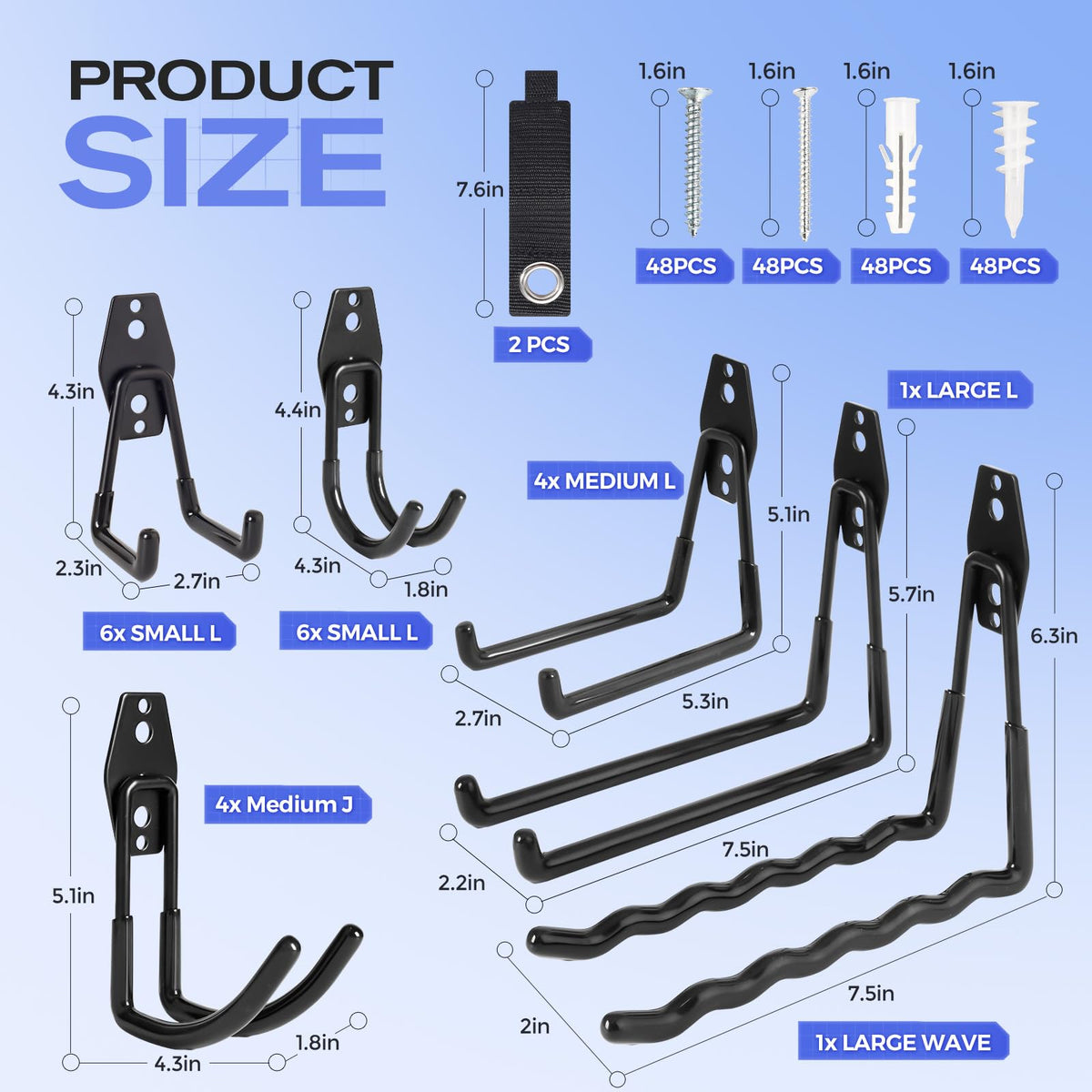 24 Packs Garage Storage Hooks, Heavy Duty Garage Hooks with Nylon Straps, Wall Mount Tool Organizer Hooks for Ladders, Bikes, Tools, Hoses, Suitable for Concrete, Brick, Wooden, Plaster Walls