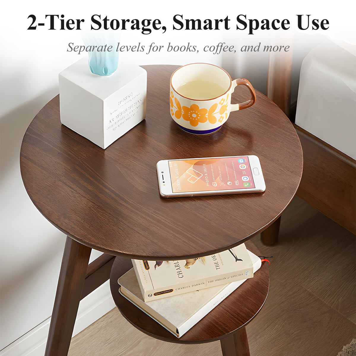 Cttasty Side Table, 2-Tier Round End Tables Living Room, Mid Century Modern Side Table, Round Nightstand, Oak Accent Table, Small Round Coffee Table, 16.54" Dia.x 23.62" H(Walnut)