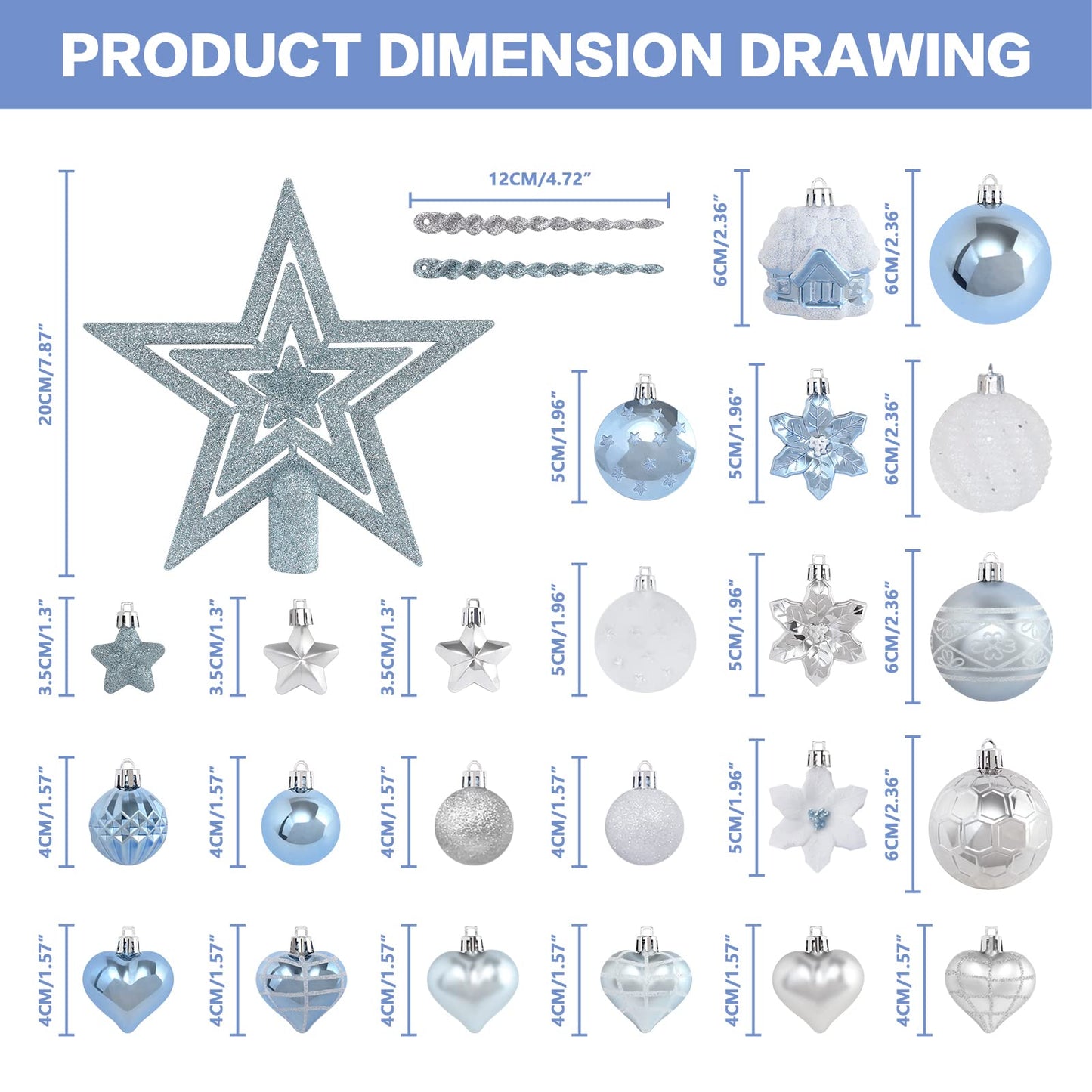 MoonXmas Christmas Ball Ornament Set, 88Pcs Plastic Shatterproof Christmas Xmas Tree Hanging Decorations, for Indoor Home Thanksgiving Halloween Party Decor - Blue/Silver.