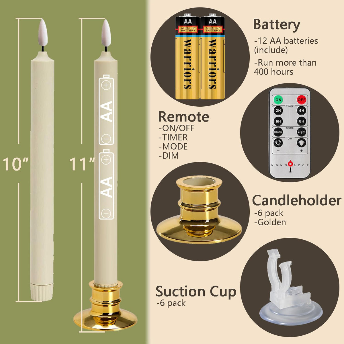 6 Pack Windows Candles with 12 AA Batteries(Include, Run More Than 400 Hours) + 6 Golden Removable Candlesticks + 6 Suction Cups, 10'' Flameless Battery Ivory Taper Window Candle with Remote/Timer