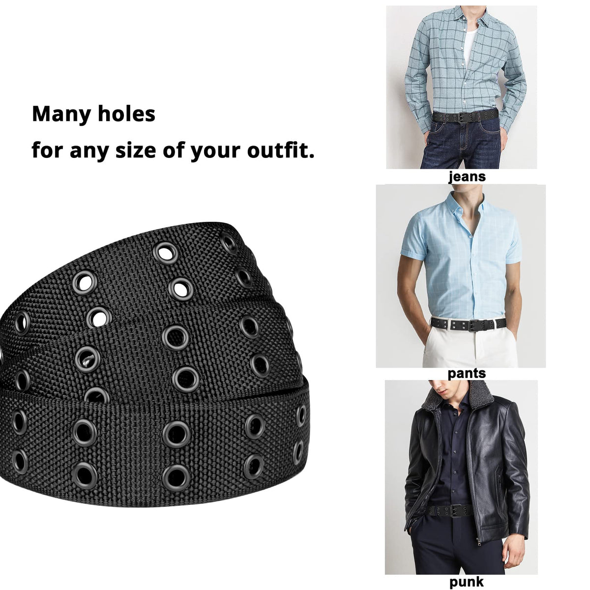 Drizzte 55'' Big and Tall Size Double Prong Belt Black Grommet Nylon Belts for Men Unisex